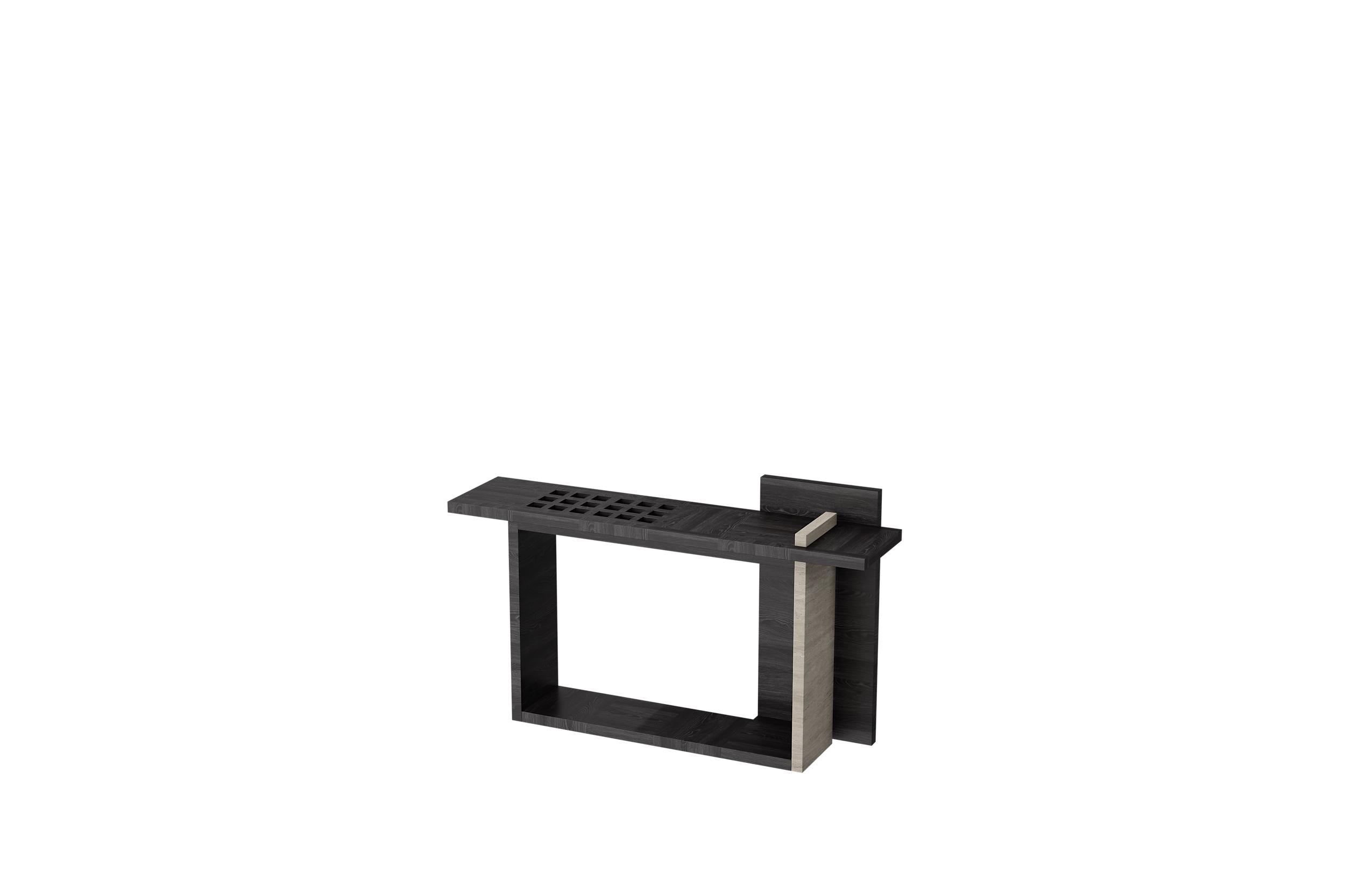 Italian Geometrical Console in Black Oak and Light Travertine Detail by Ultramobili For Sale