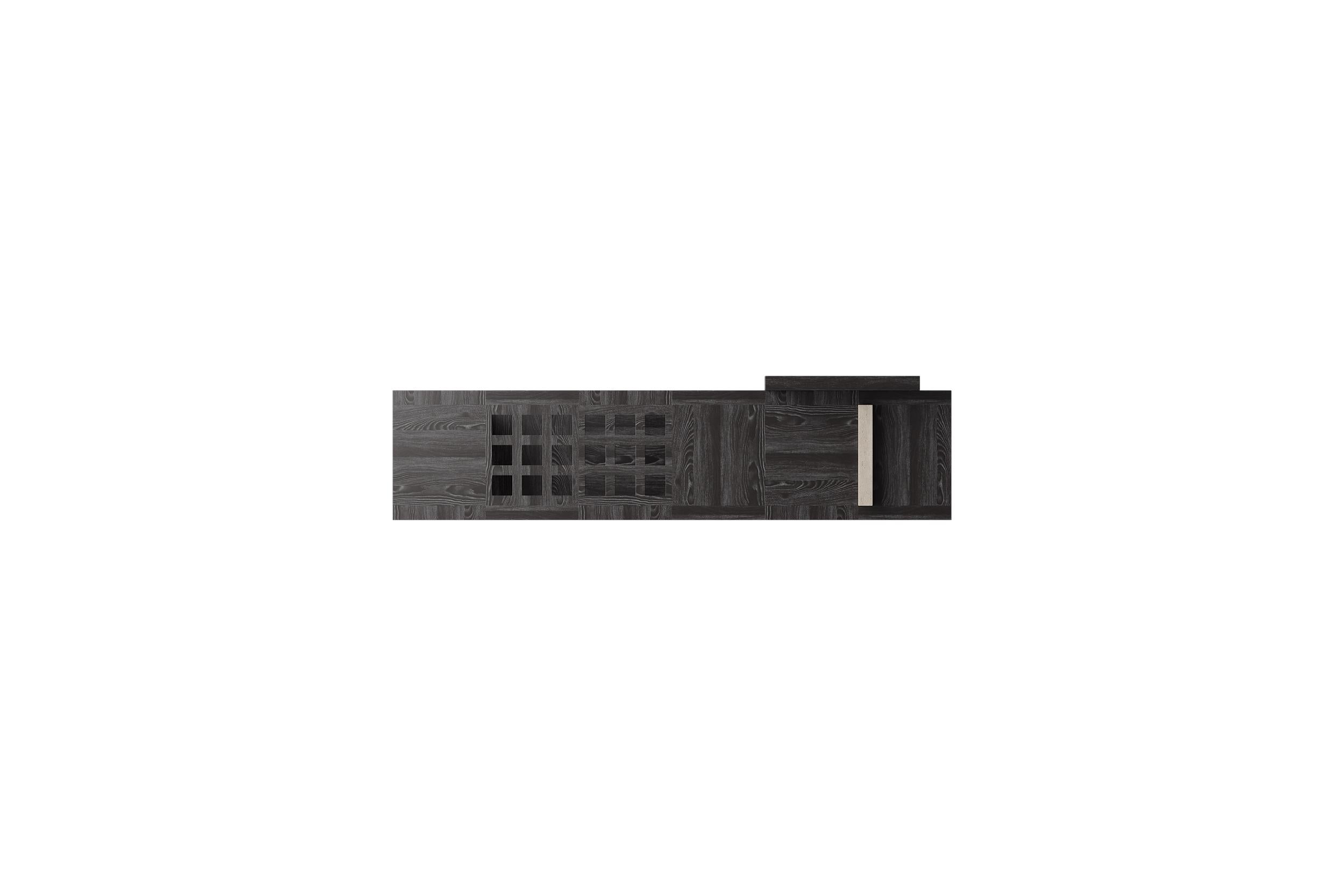 Geometrical Console in Black Oak and Light Travertine Detail by Ultramobili In New Condition For Sale In Geneve, CH
