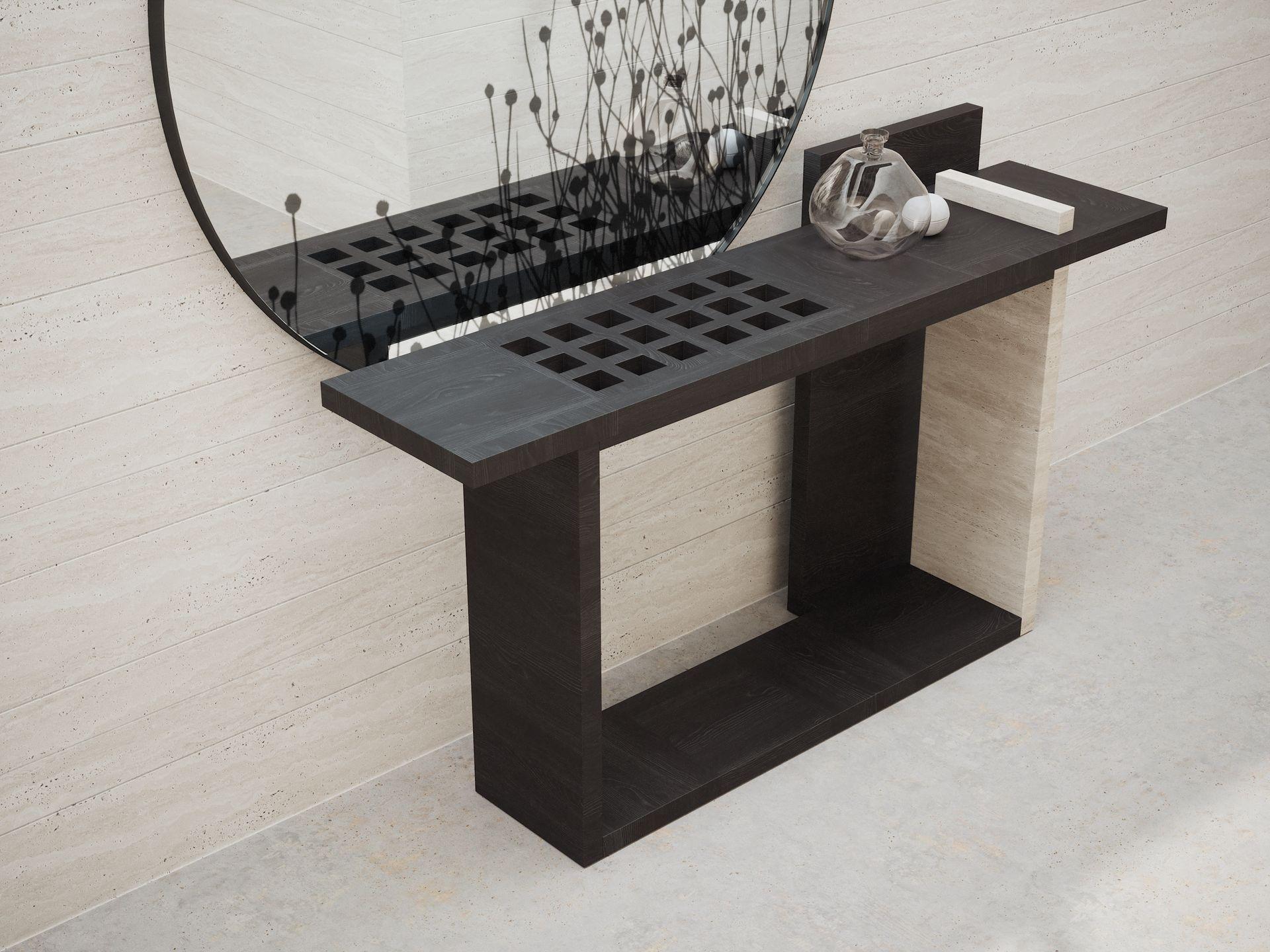 Contemporary Geometrical Console in Black Oak and Light Travertine Detail by Ultramobili For Sale