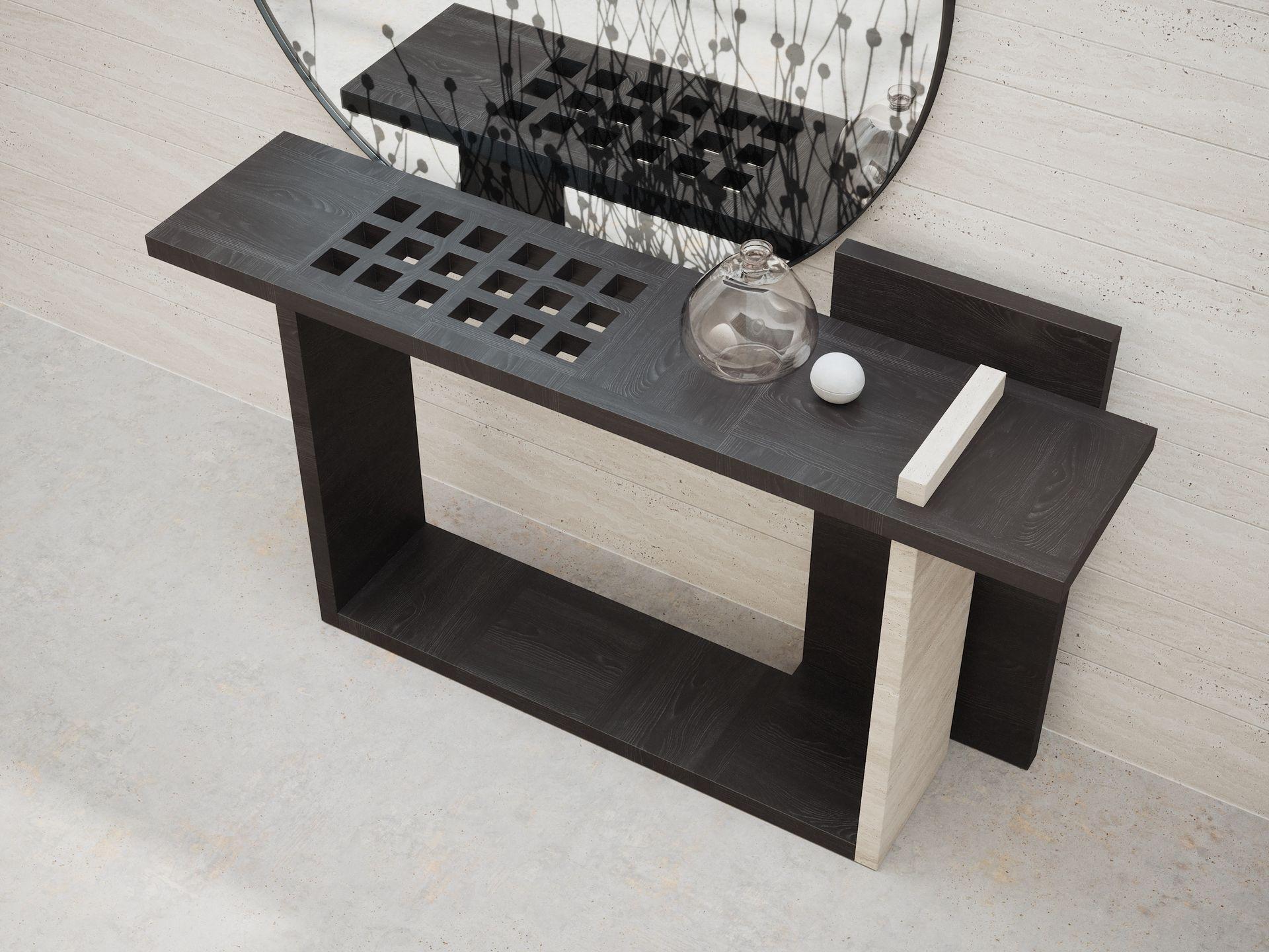 Geometrical Console in Black Oak and Light Travertine Detail by Ultramobili For Sale 1