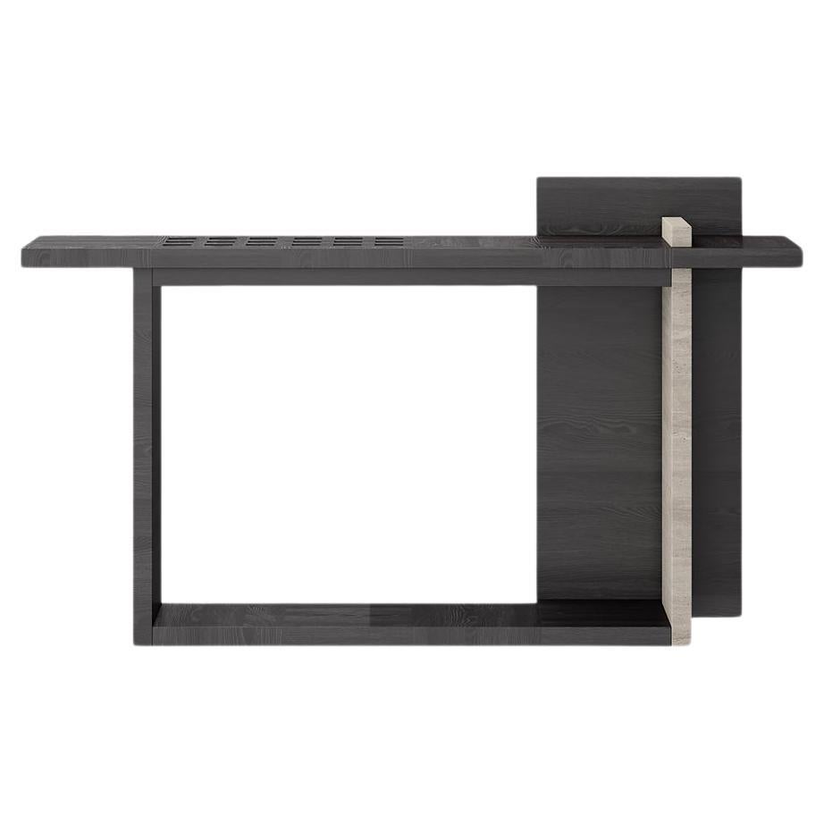 Geometrical Console in Black Oak and Light Travertine Detail by Ultramobili