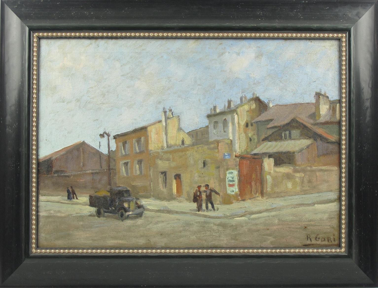 French Animated Street Scene Oil on Canvas Painting by Renzo Gori