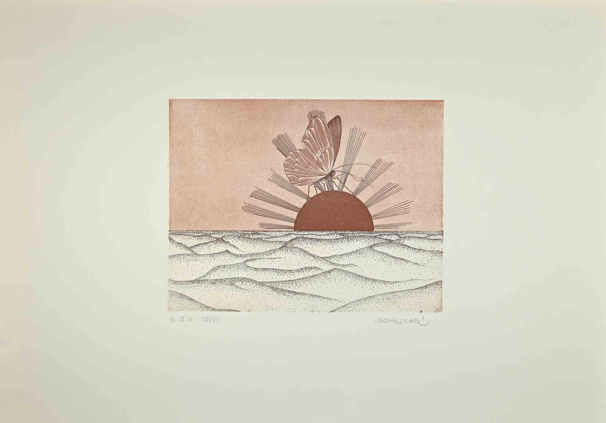 Butterfly in the Desert is an original Contemporary Artwork realized in 1980 by Renzo Margorari (Mantua, 1937).

Original Colored Etching on paper. 

Artist's Proof, from the edition of 25/25.

Hand-signed in pencil by the artist on the lower right