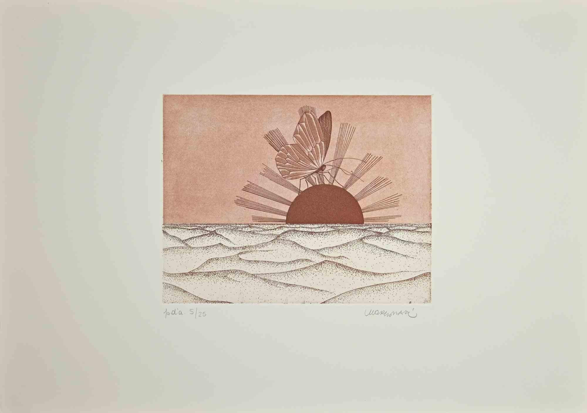 Butterfly in the Desert is an original Contemporary Artwork realized in 1980 by Renzo Margorari (Mantua, 1937).

Original Colored Etching on paper. 

Artist's Proof.

Hand-signed in pencil by the artist on the lower right corner: Margonari. Numbered