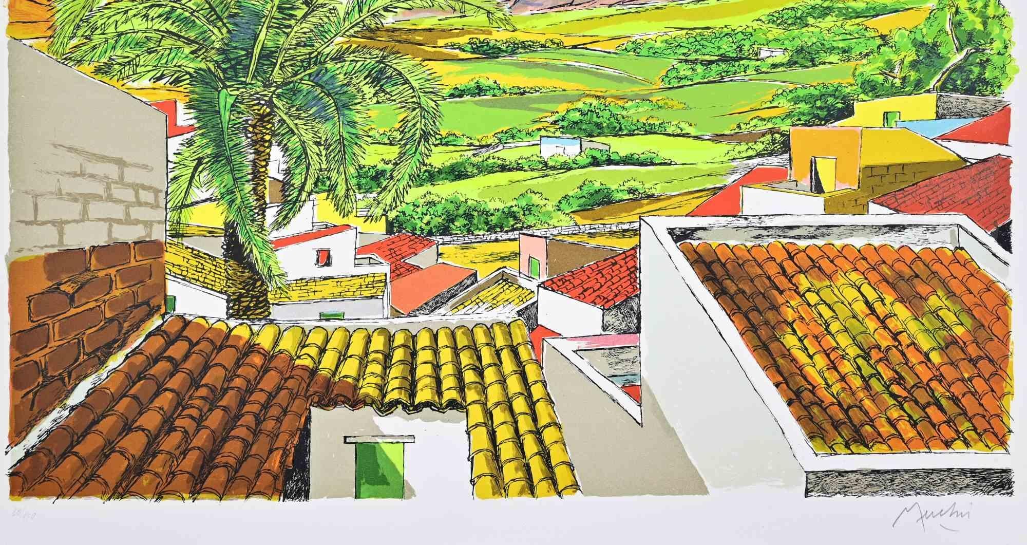 Landscape in Sicily - Lithograph by Renzo Meschis - 1989 im Angebot 1