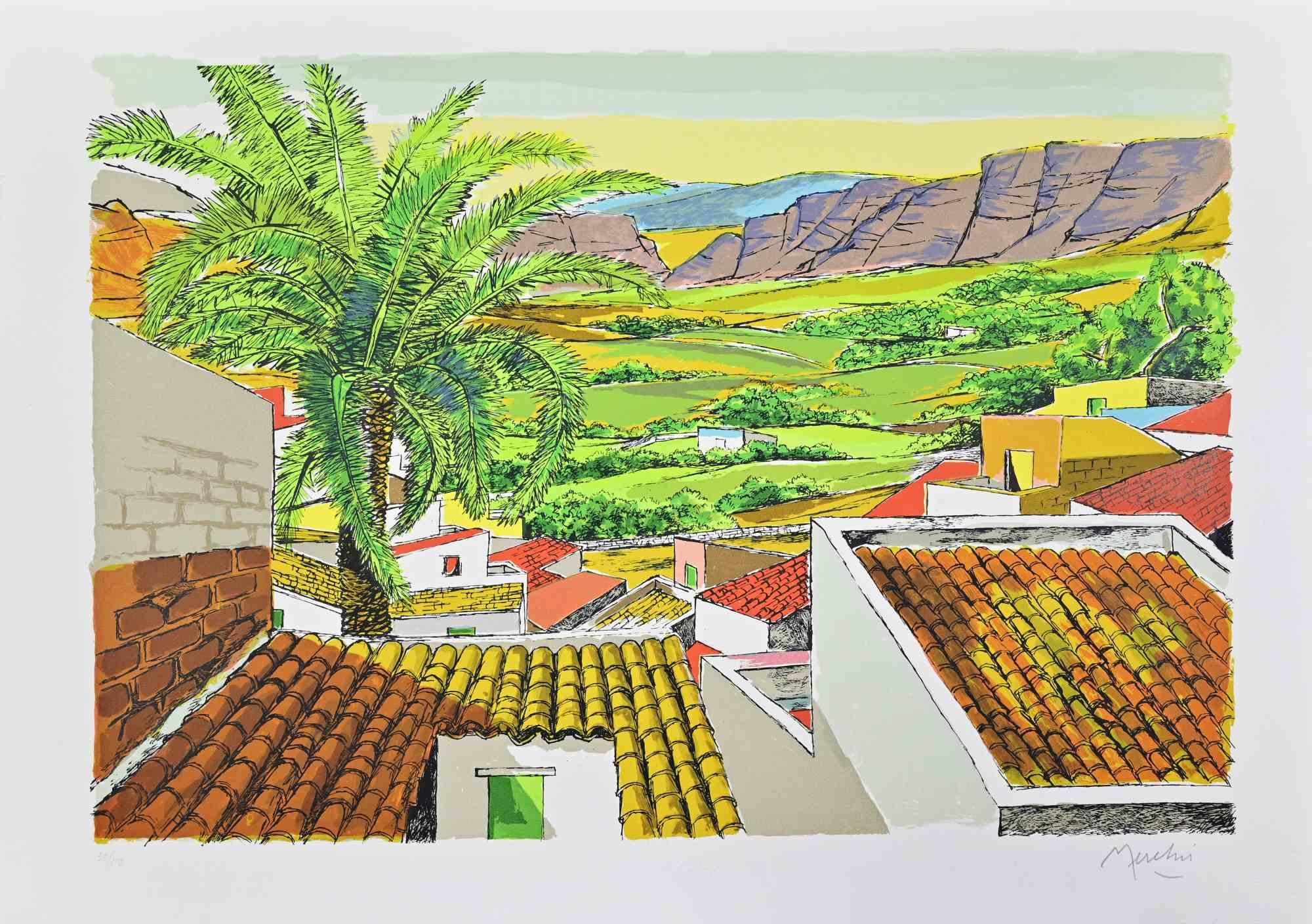 Landschaft in Sizilien - Lithographie von Renzo Meschis - 1989
