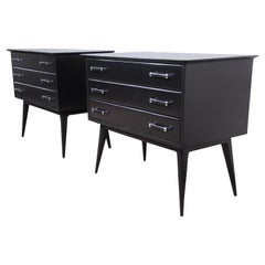Renzo Rutili Black Lacquered Bachelor Chests or Large Nightstands Newly Restored