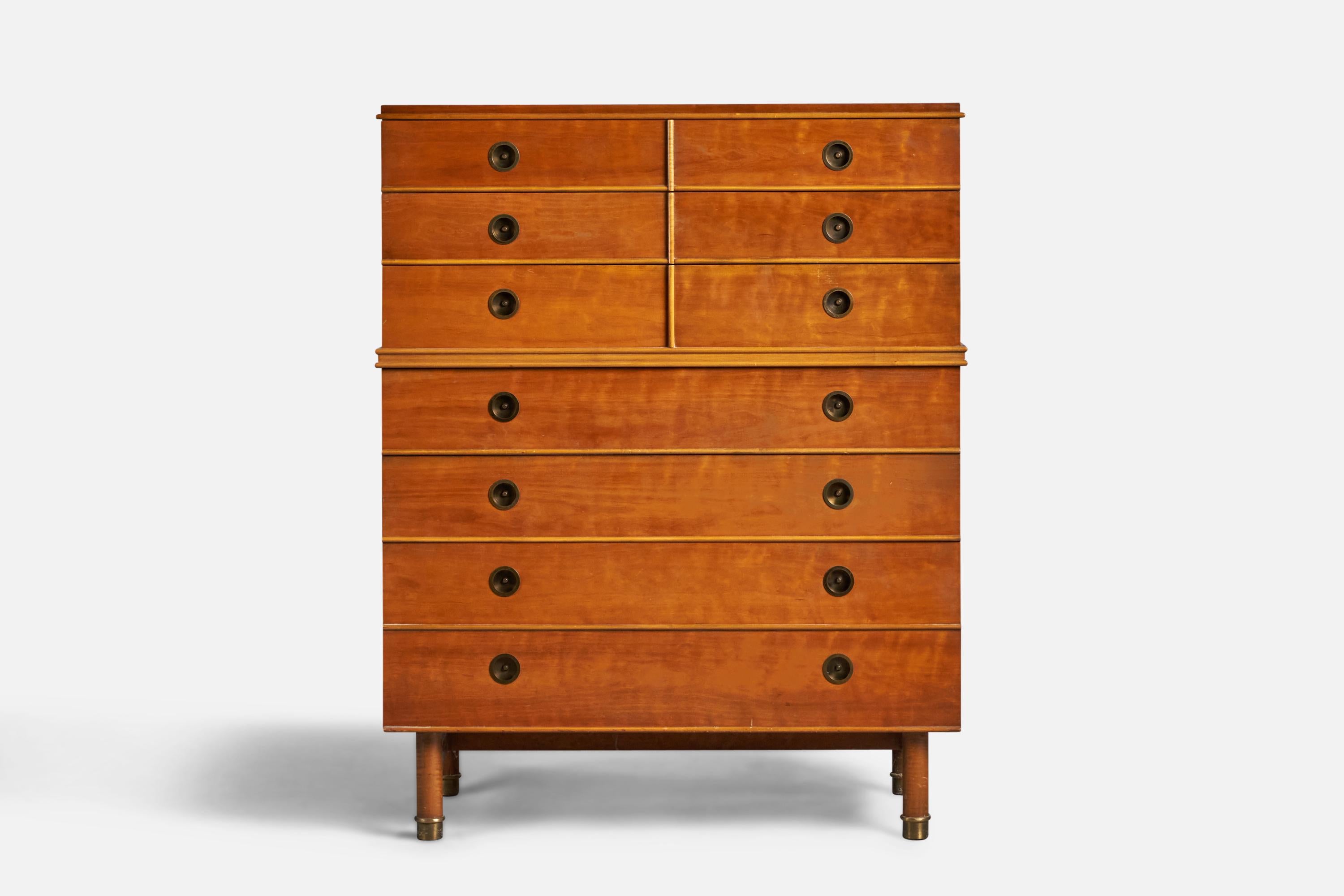 American Renzo Rutili, Chest of Drawers, Mahogany, Maple, Brass, USA, 1950s For Sale