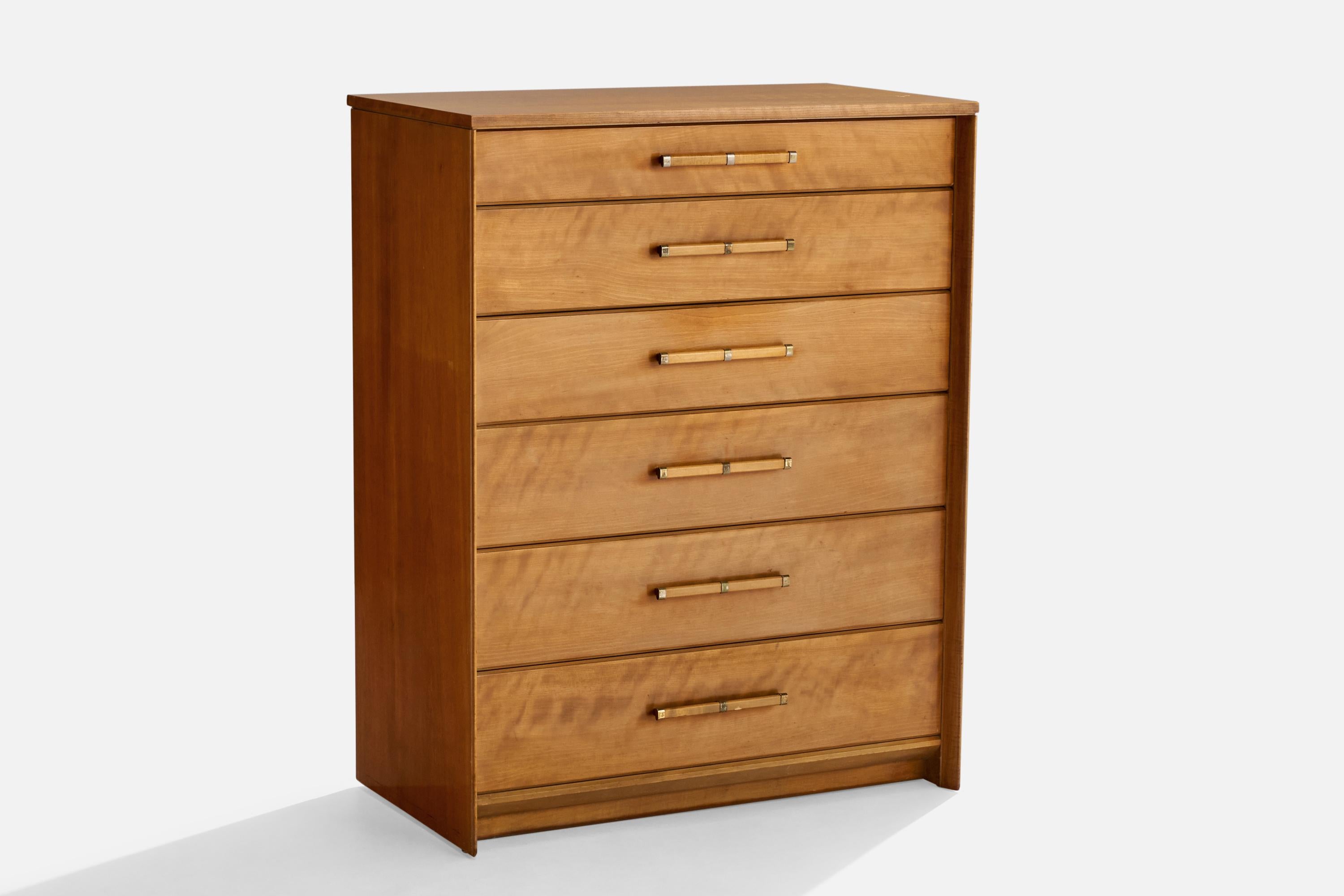 A maple and brass chest of drawers produced by Johnson Furniture Company, design attributed to Renzo Rutili, USA, 1940s.