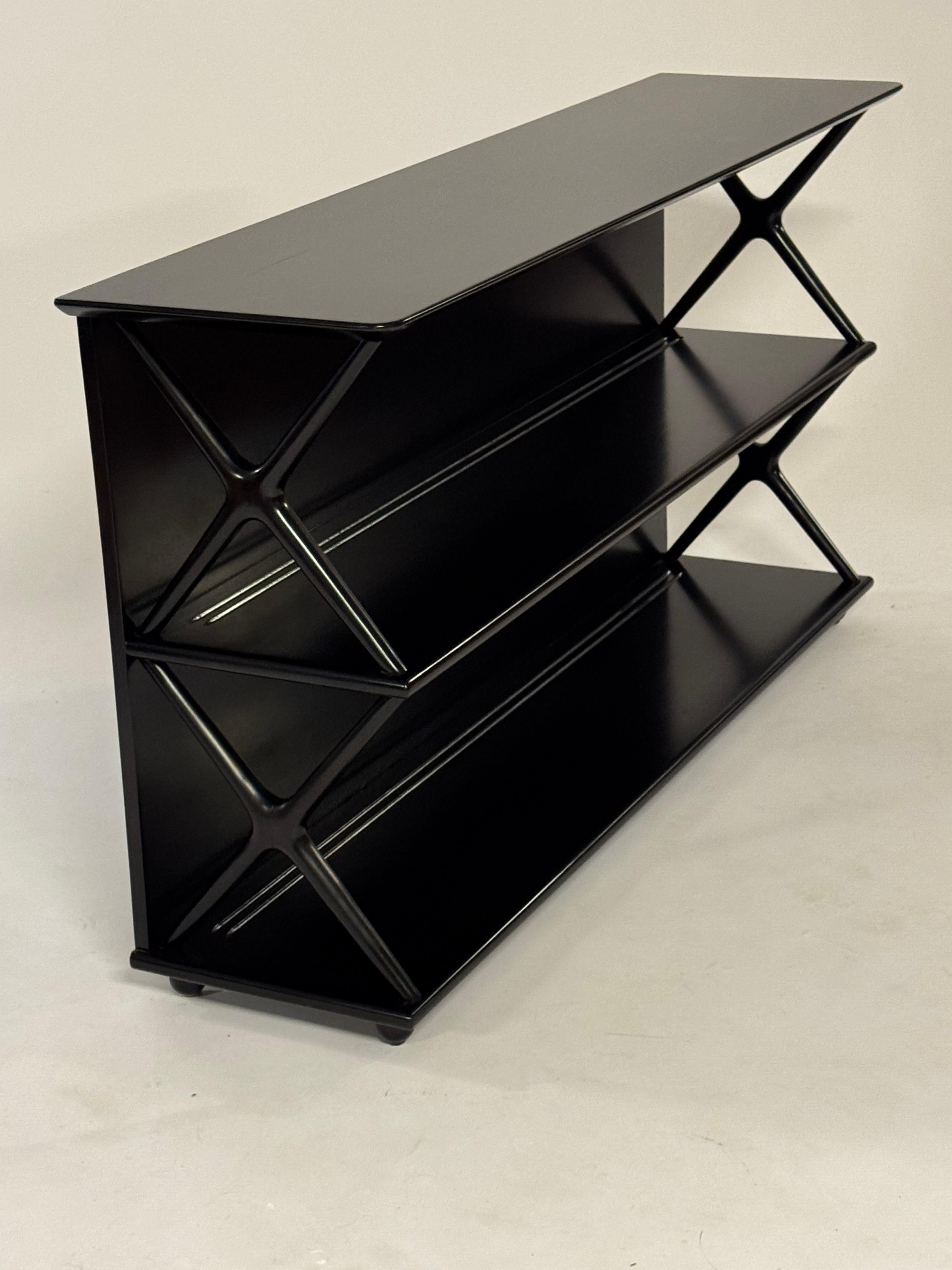 Renzo Rutili for Johnson Furniture Co. 1950s Low X Form Two Shelf Bookcase For Sale 2