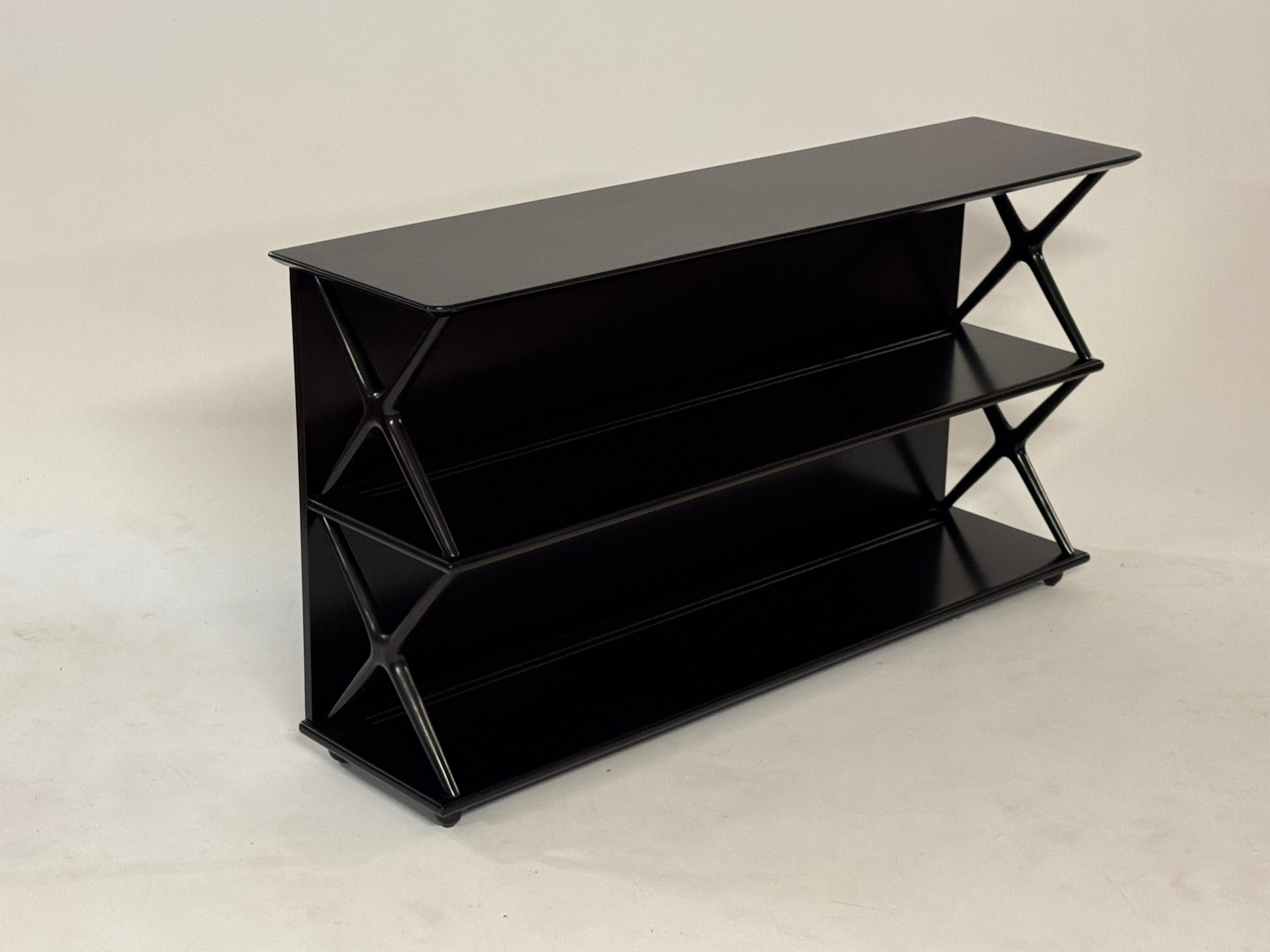 Renzo Rutili for Johnson Furniture Co. 1950s Low X Form Two Shelf Bookcase For Sale 3