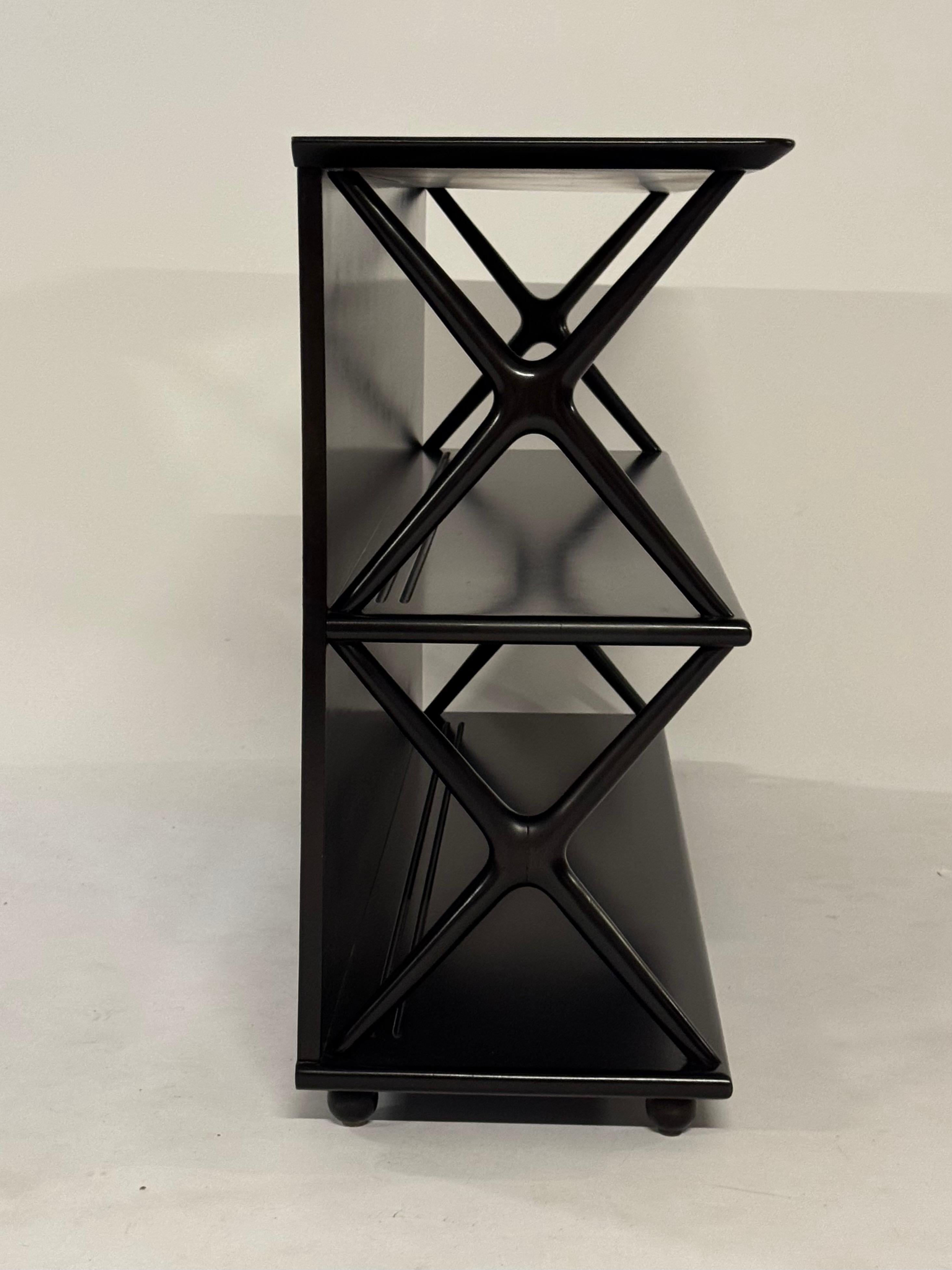 Stained Renzo Rutili for Johnson Furniture Co. 1950s Low X Form Two Shelf Bookcase For Sale