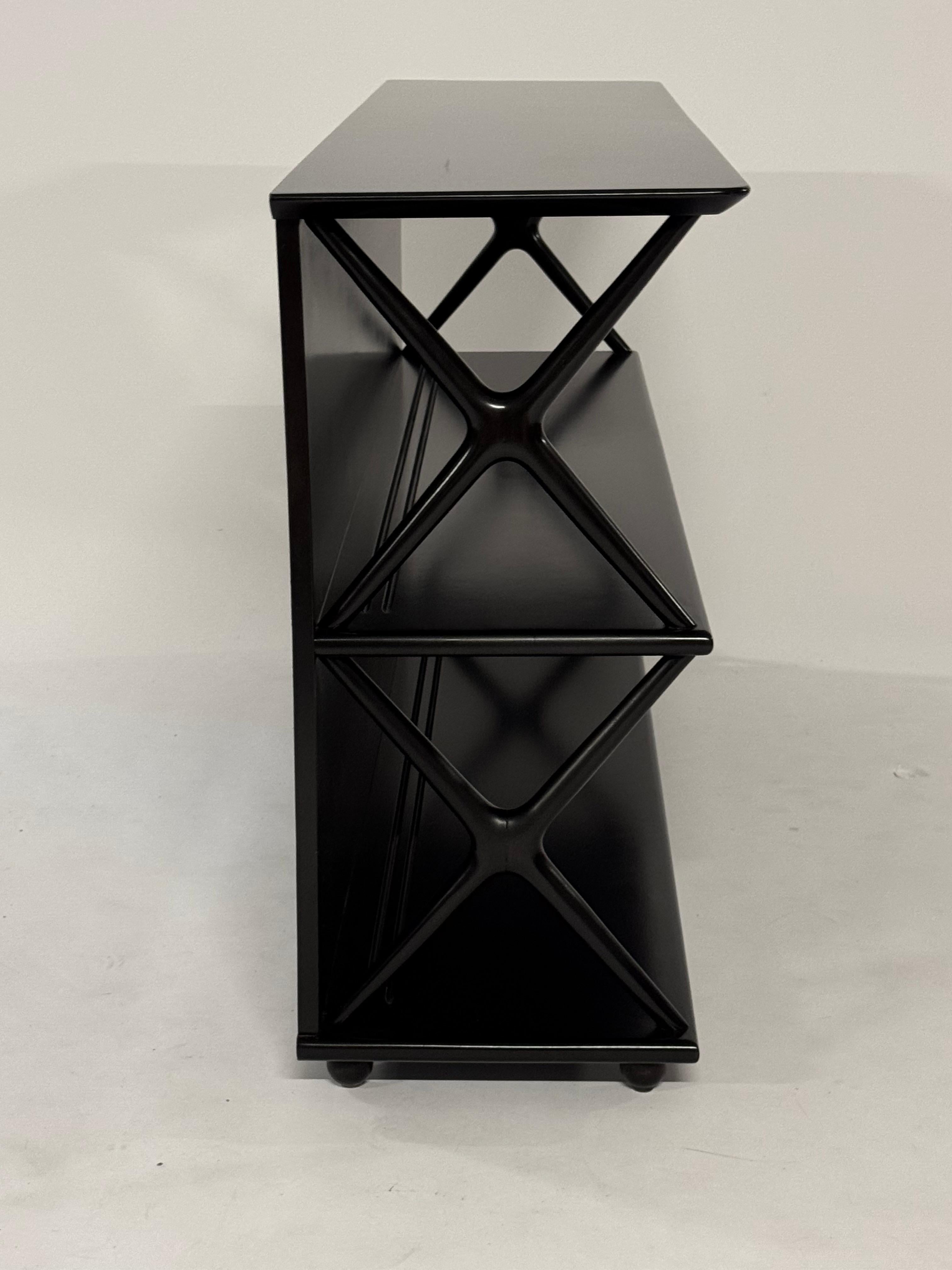 Renzo Rutili for Johnson Furniture Co. 1950s Low X Form Two Shelf Bookcase In Good Condition For Sale In St. Louis, MO