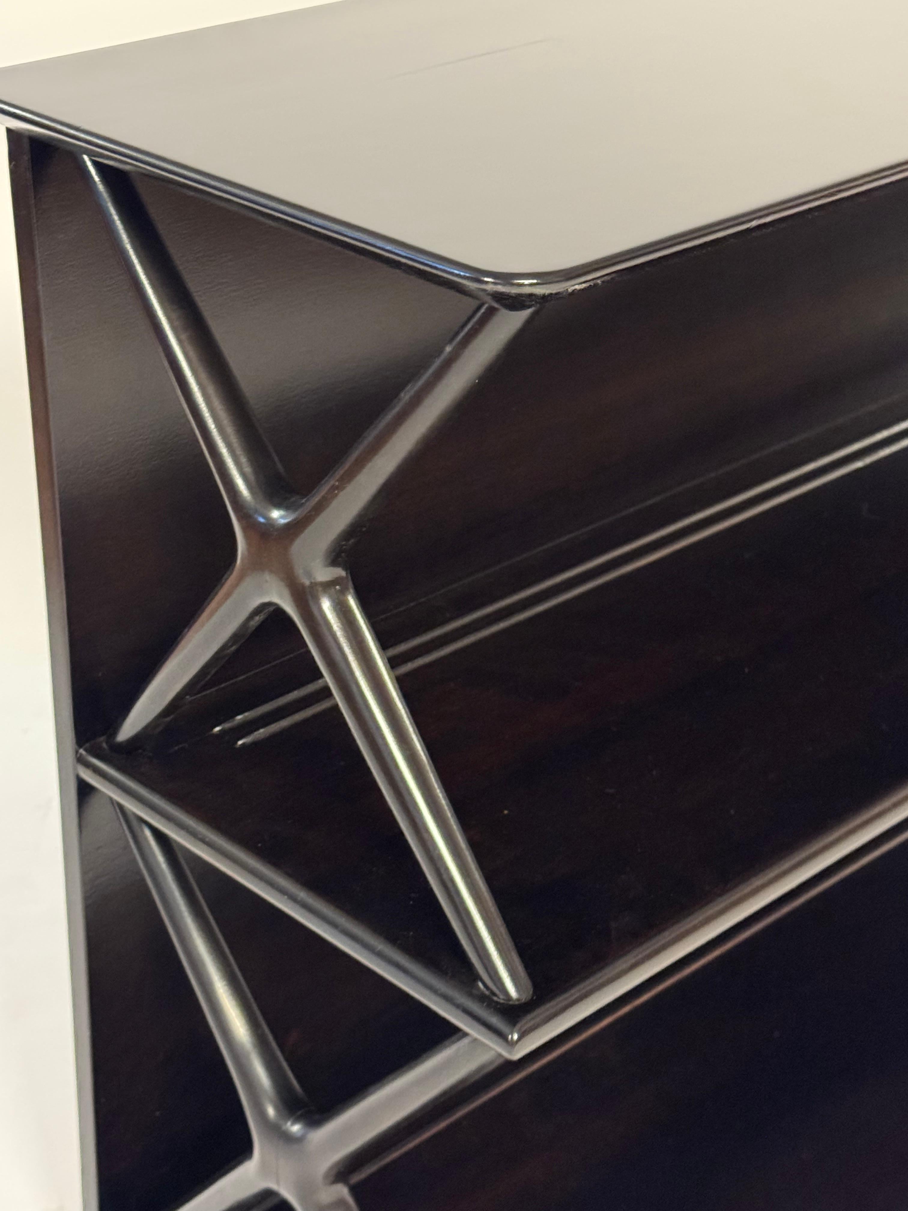 Renzo Rutili for Johnson Furniture Co. 1950s Low X Form Two Shelf Bookcase For Sale 1
