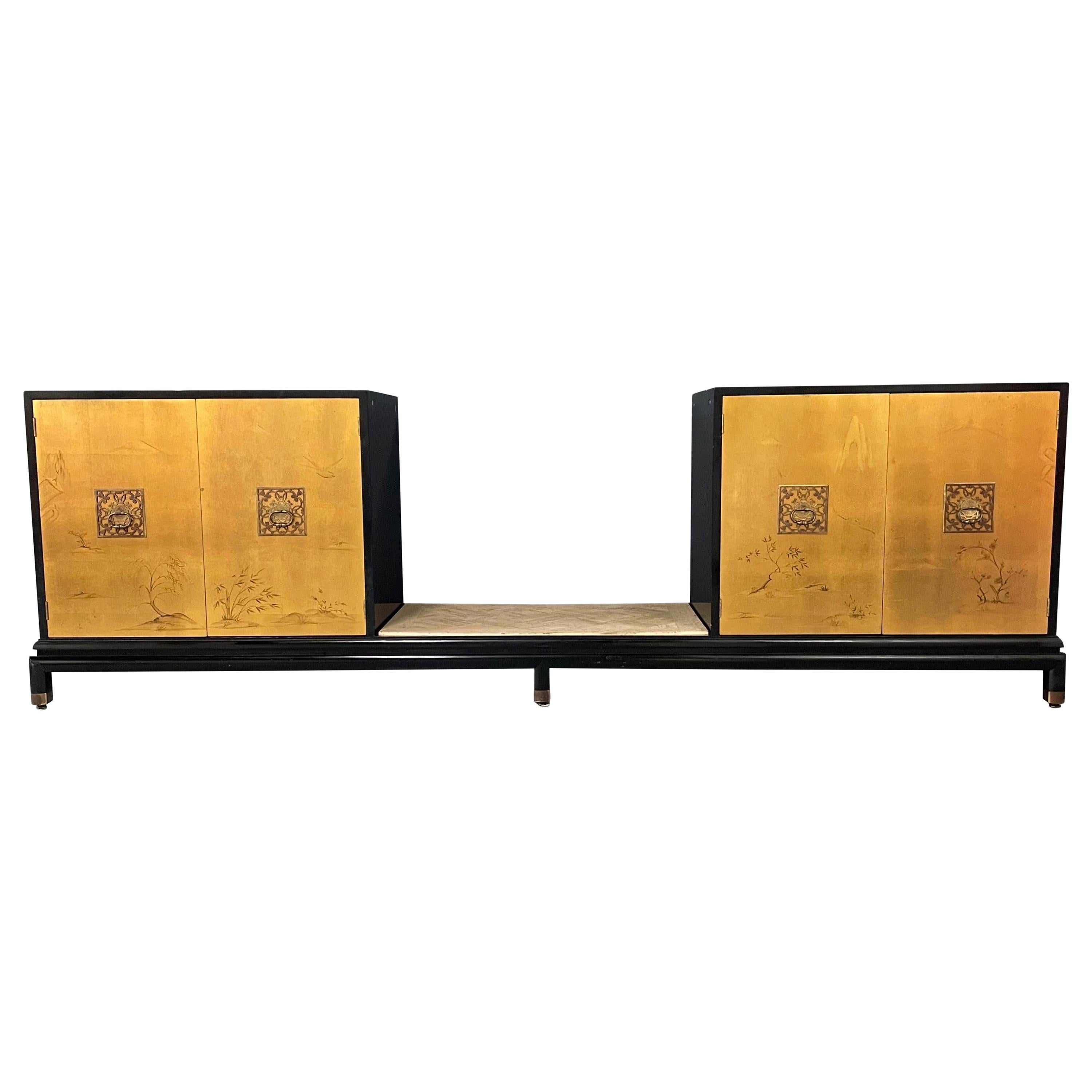 Renzo Rutili Lacquer & Gold Leaf Credenza for Johnson Furniture Mid Century
