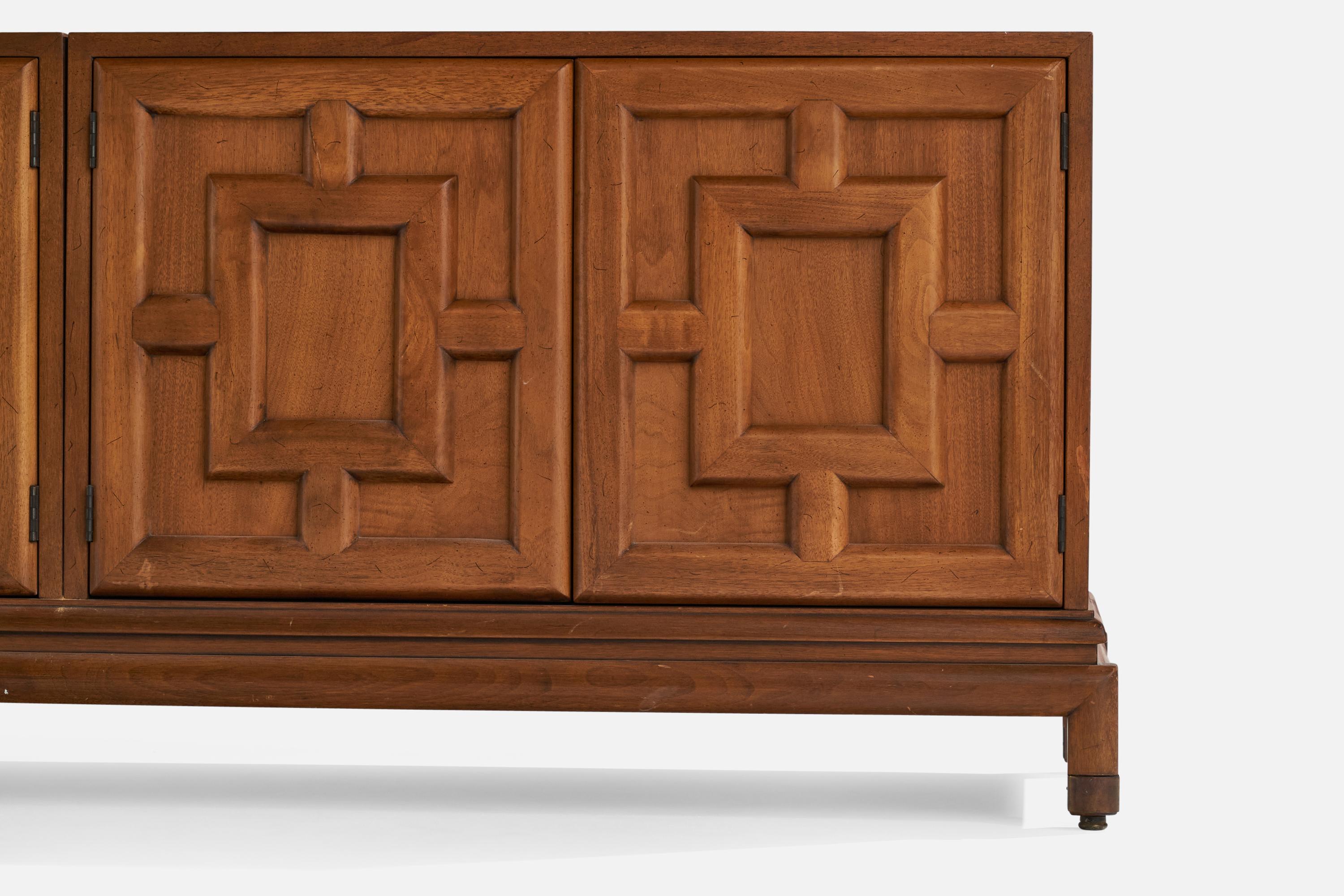 Mid-20th Century Renzo Rutili, Long Cabinet, Oak, Brass, USA, 1950s For Sale