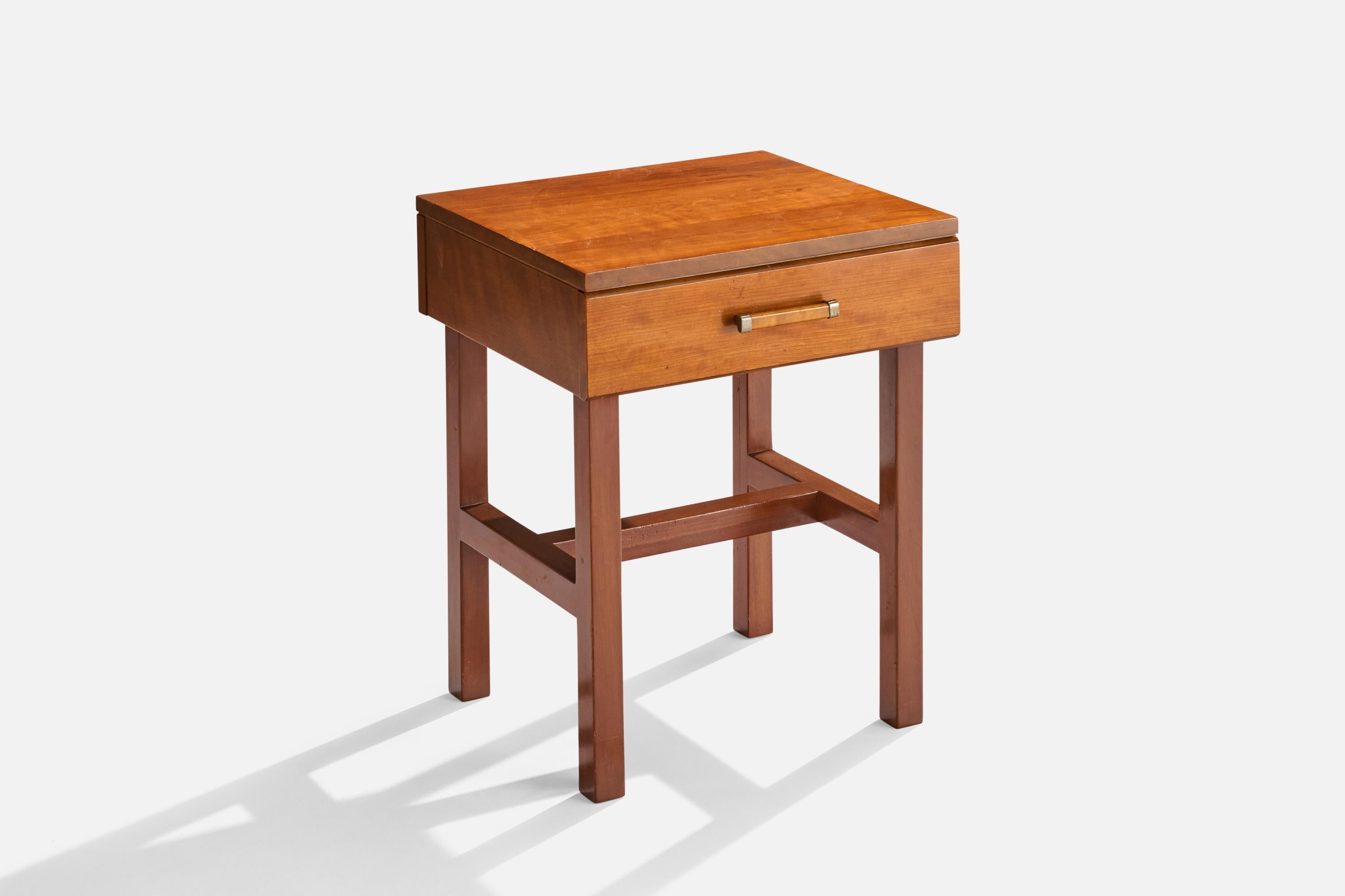 A maple and brass nightstand produced by Johnson Furniture Company, design attributed to Renzo Rutili, USA, 1940s.