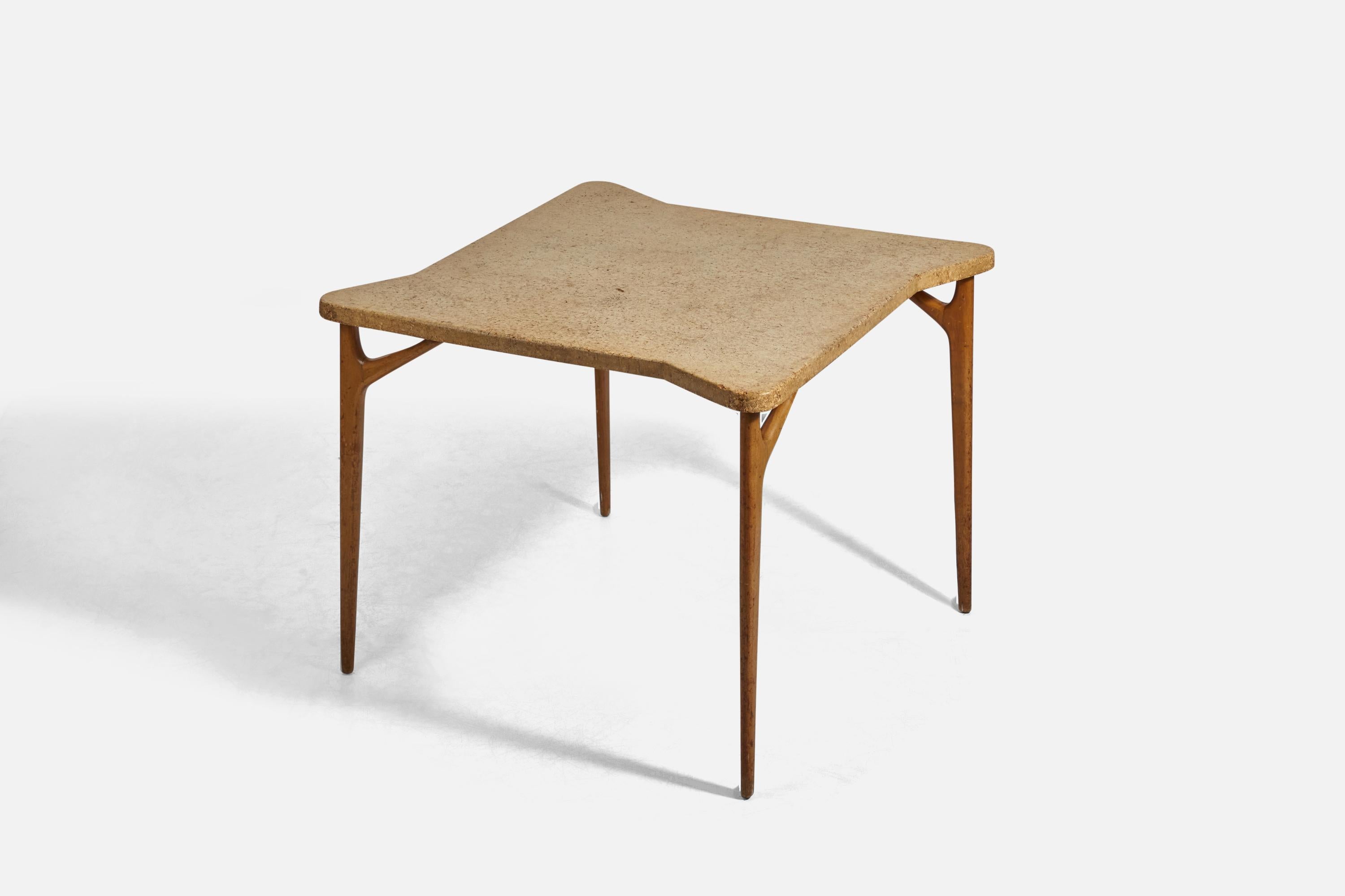 Ein Tisch aus Holz und Kork, entworfen von Renzo Rutili und hergestellt von Johnson Furniture Company, Grand Rapids Michigan, USA, 1940er Jahre.
 