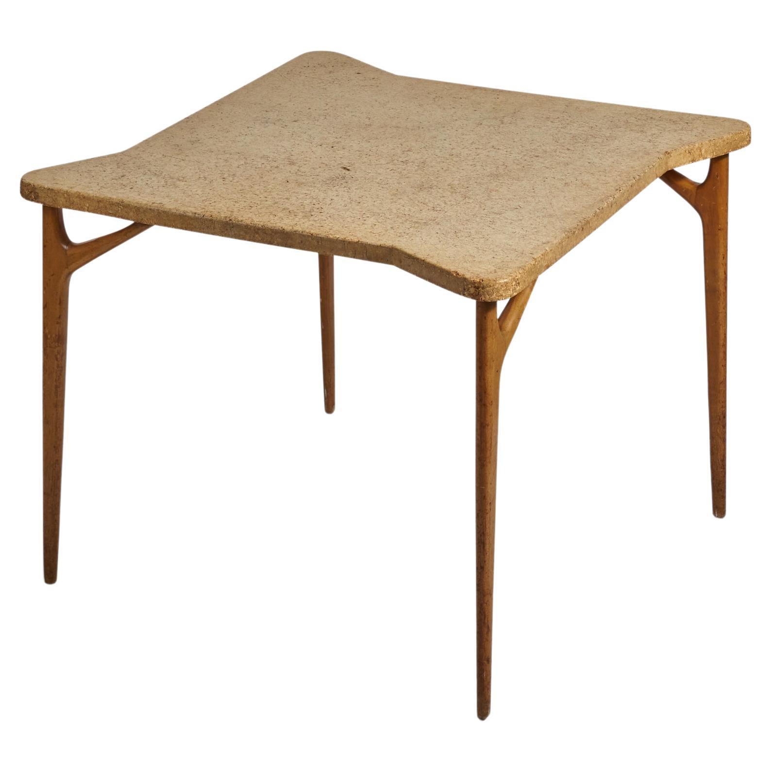 Table Renzo Rutili, liège, bois, Johnson Furniture Company, États-Unis, années 1940