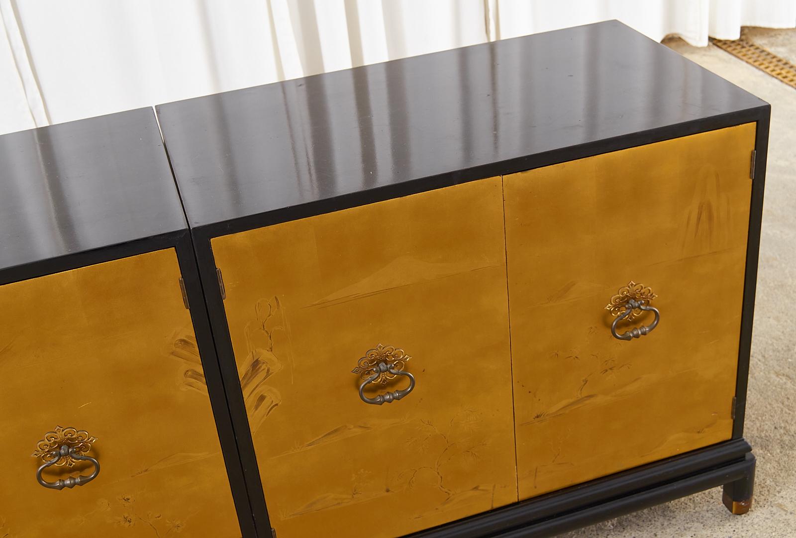 American Renzo Rutilli Asian Lacquered Gold Leaf Sideboard Cabinet Credenza