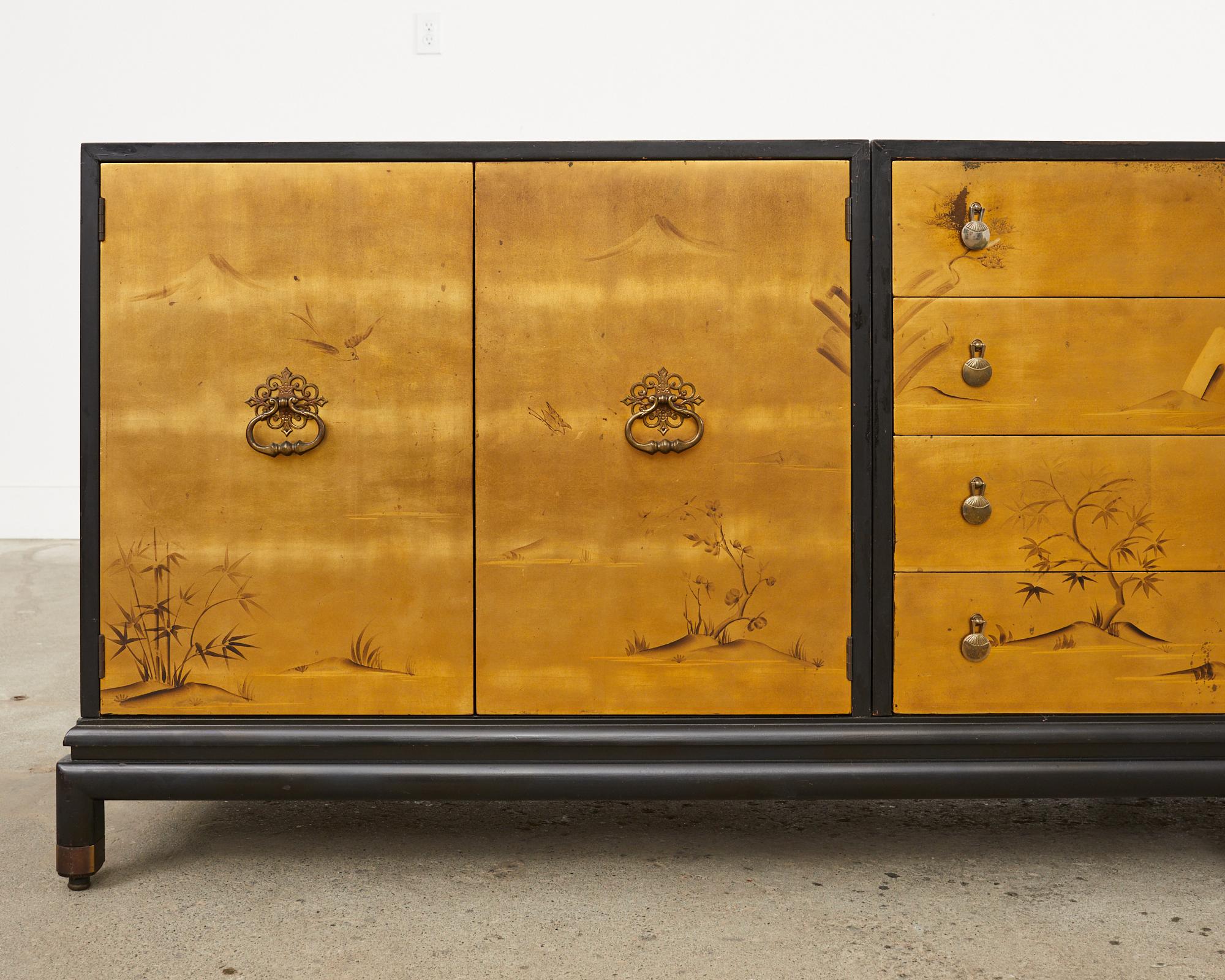 American Renzo Rutilli Chinoiserie Decorated Gold Leaf Cabinet Credenza For Sale