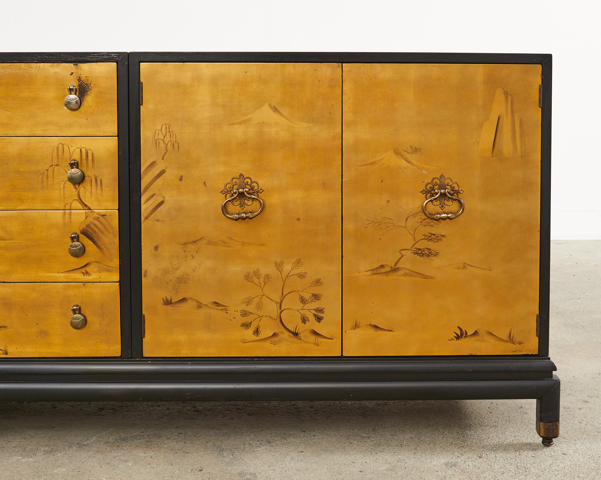 Ebonized Renzo Rutilli Chinoiserie Decorated Gold Leaf Cabinet Credenza For Sale