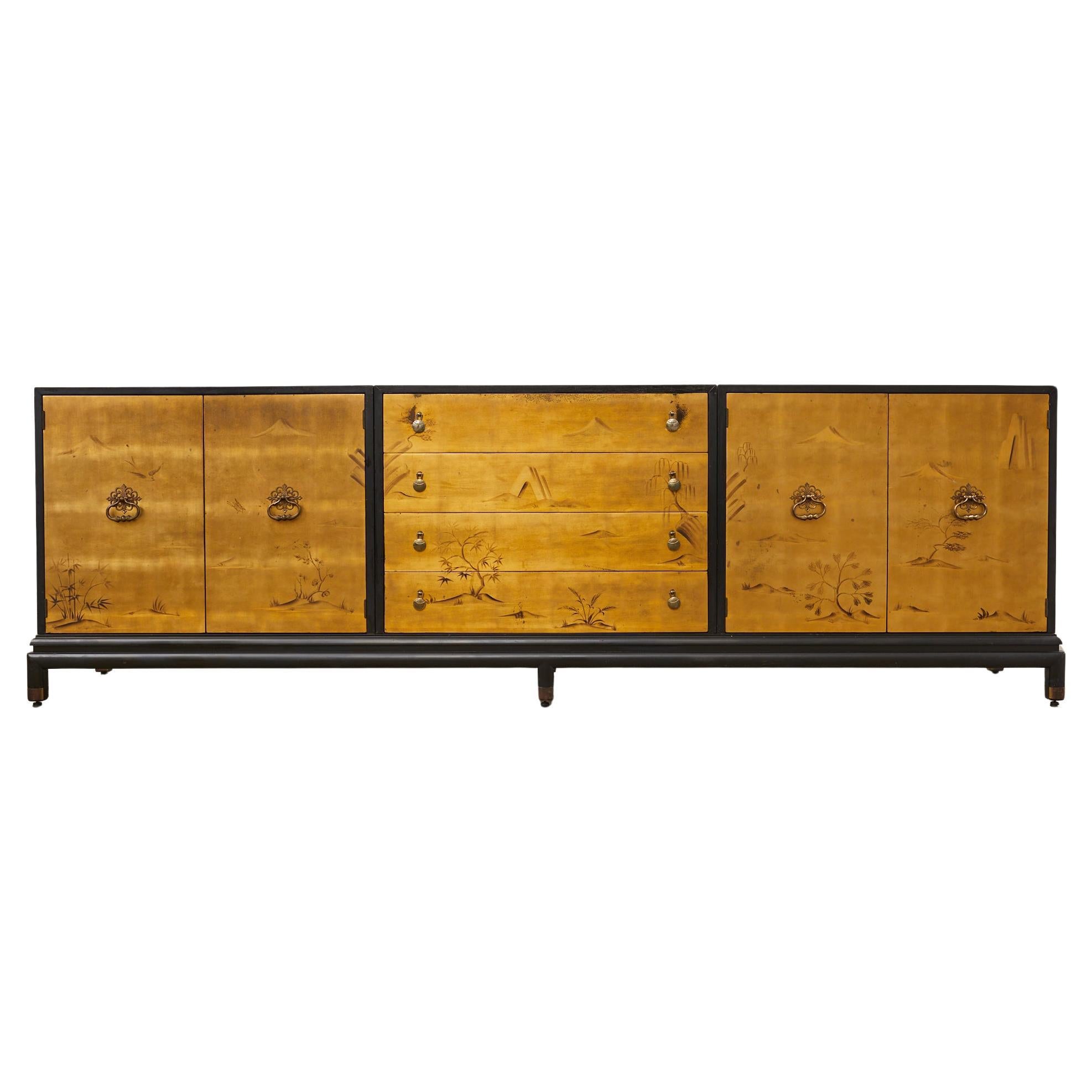 Renzo Rutilli Chinoiserie Decorated Gold Leaf Cabinet Credenza For Sale