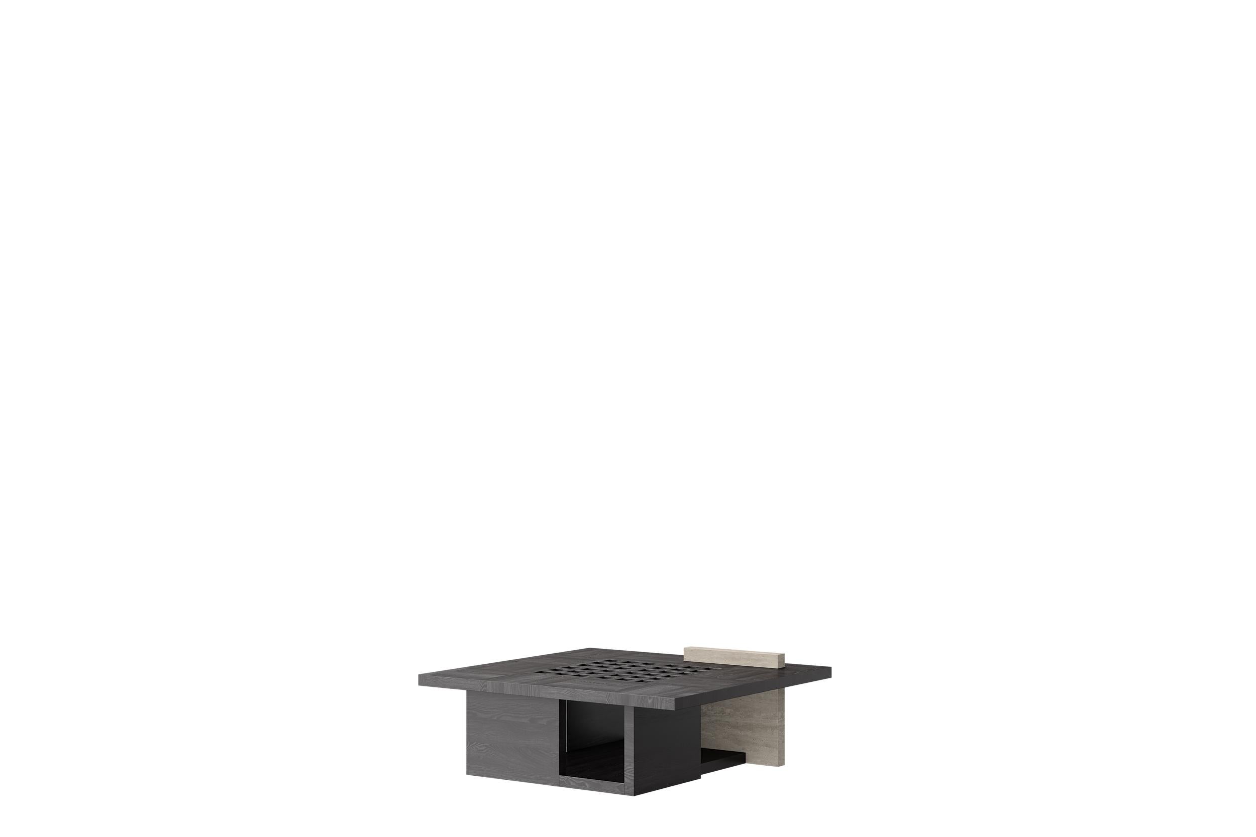 Post-Modern Renzo Square Occasional Table in Black Oak and Travertine by Ultramobili For Sale