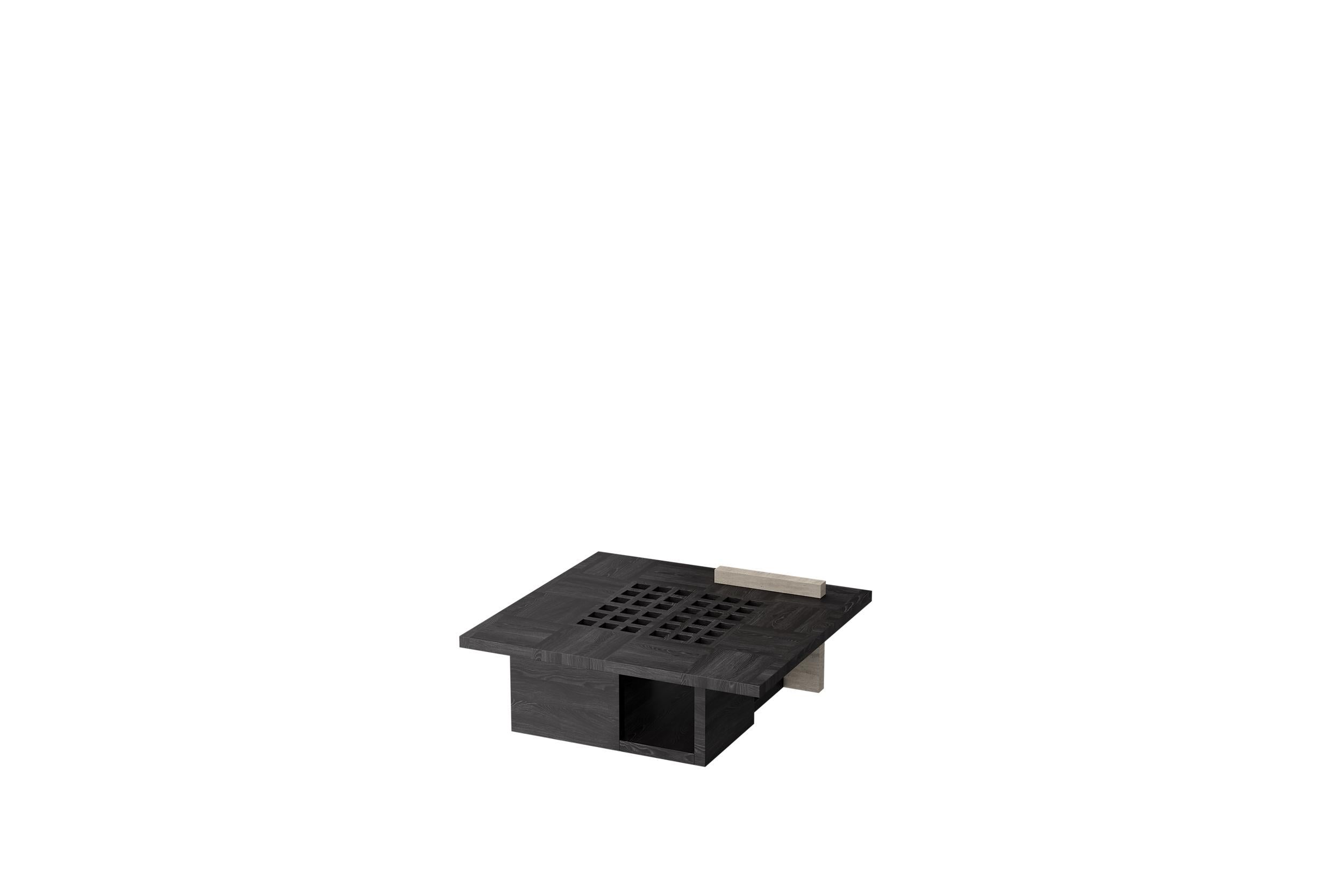 Italian Renzo Square Occasional Table in Black Oak and Travertine by Ultramobili For Sale