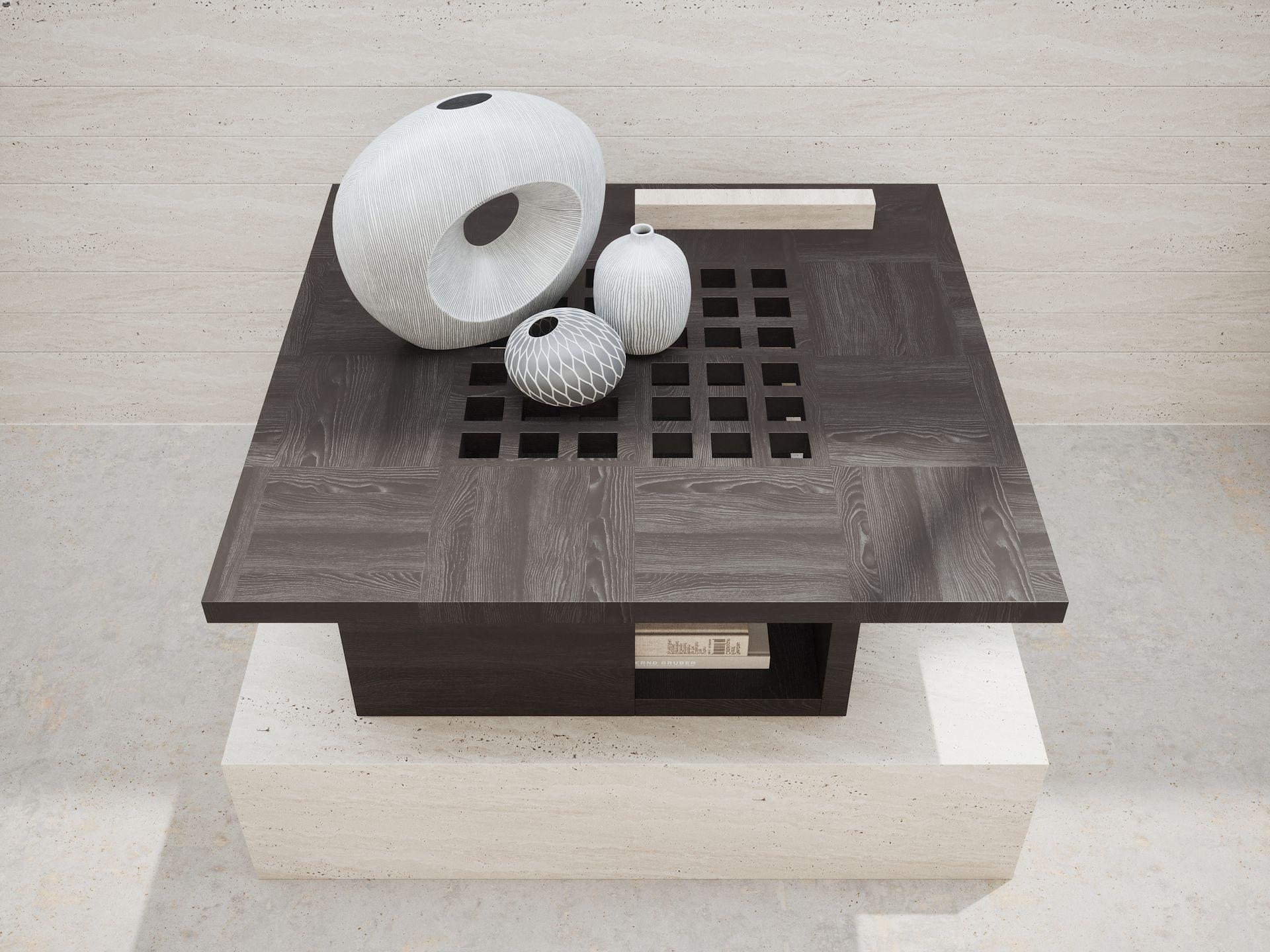Contemporary Renzo Square Occasional Table in Black Oak and Travertine by Ultramobili For Sale