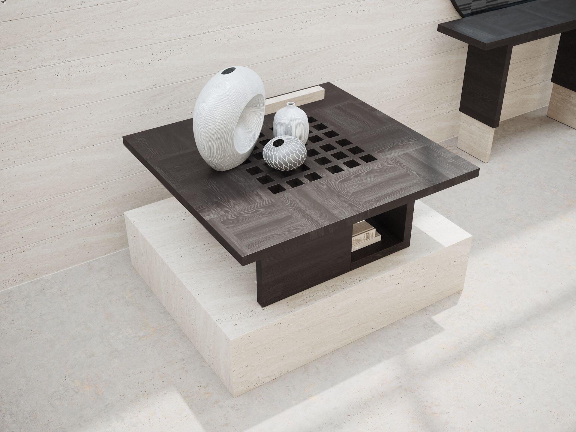 Renzo Square Occasional Table in Black Oak and Travertine by Ultramobili For Sale 1