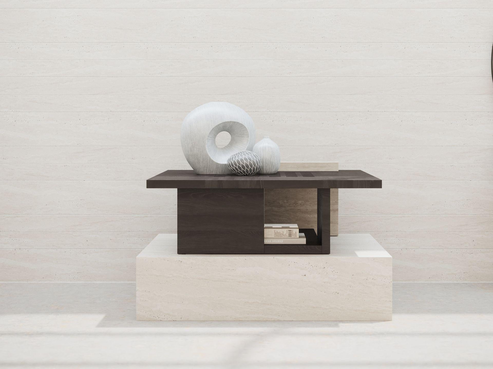 Renzo Square Occasional Table in Black Oak and Travertine by Ultramobili For Sale 2