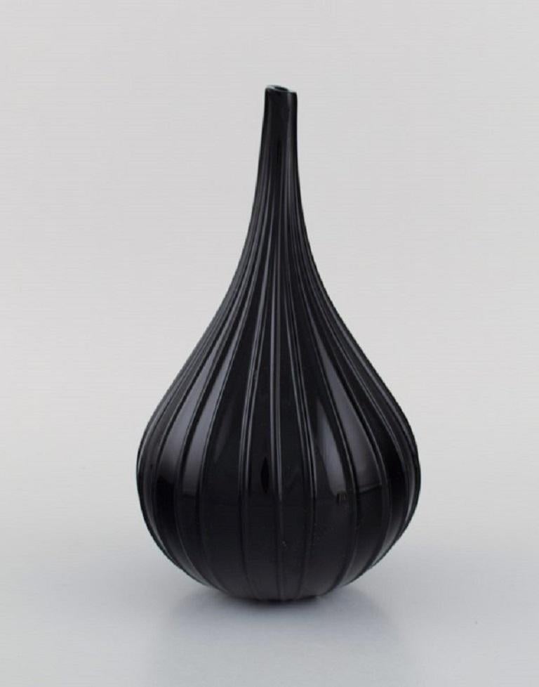 Italian Renzo Stellon for Salviati, Murano, Three Drop Shaped Vases in Black Art Glass