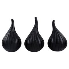 Renzo Stellon for Salviati, Murano, Three Drop Shaped Vases in Black Art Glass
