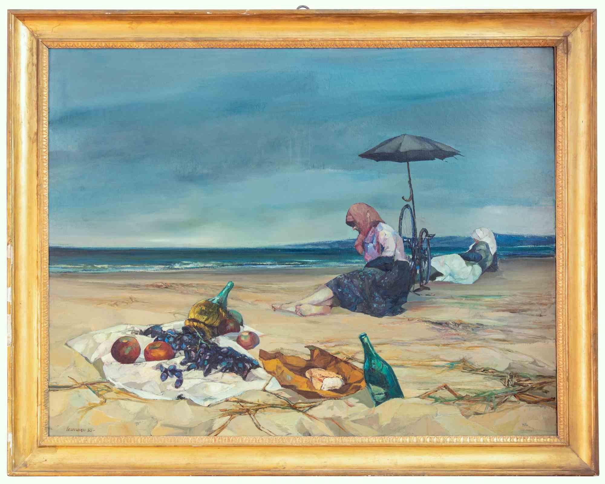 Peinture à l'huile « On the Beach » de Renzo Vespignani, 1955