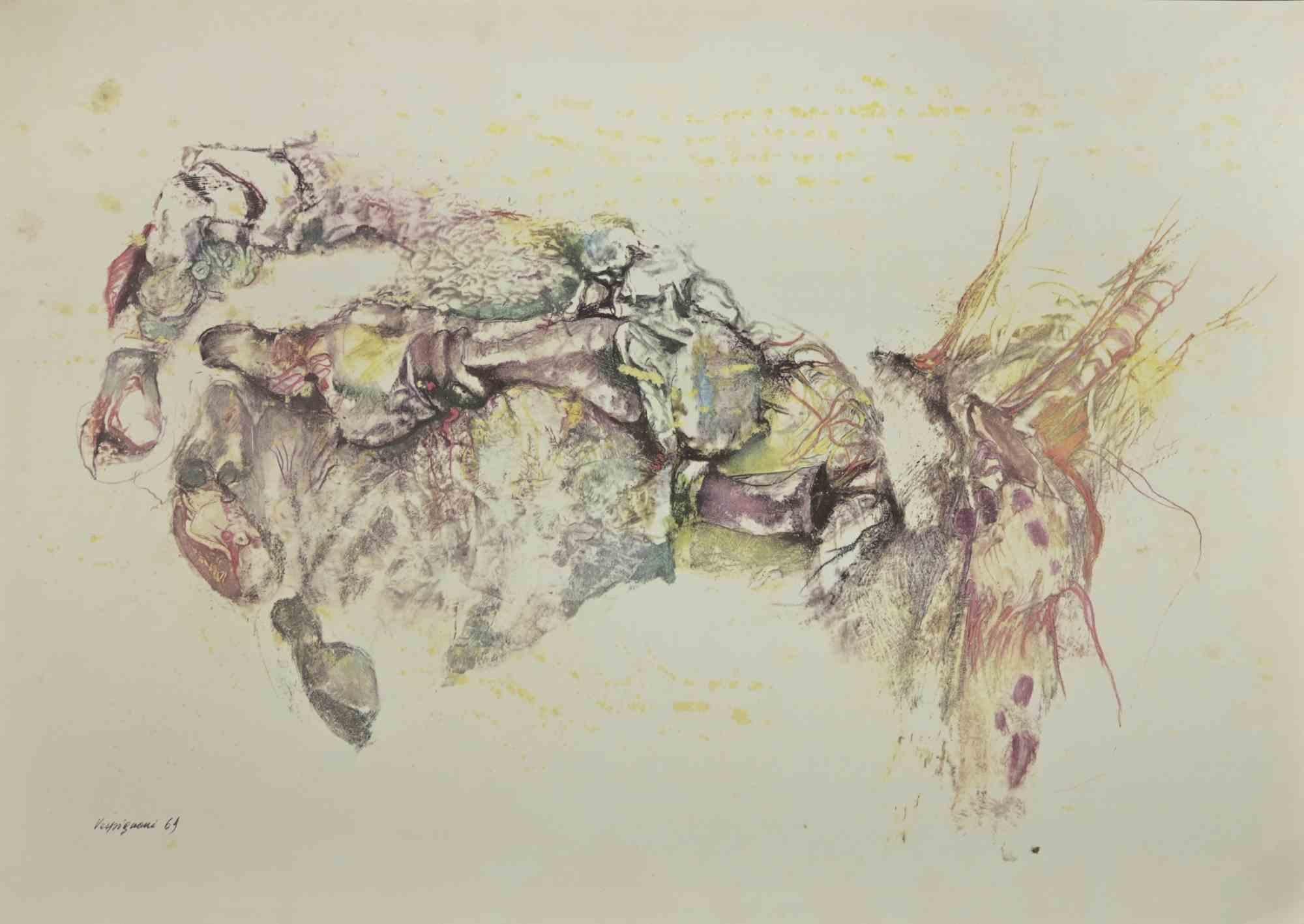 Composition is a phototype print reproducing drawing by Renzo Vespignani of the 1960s

Signed on the plate lower right.

The artwork is depicted through strong strokes and perfect hatchings.