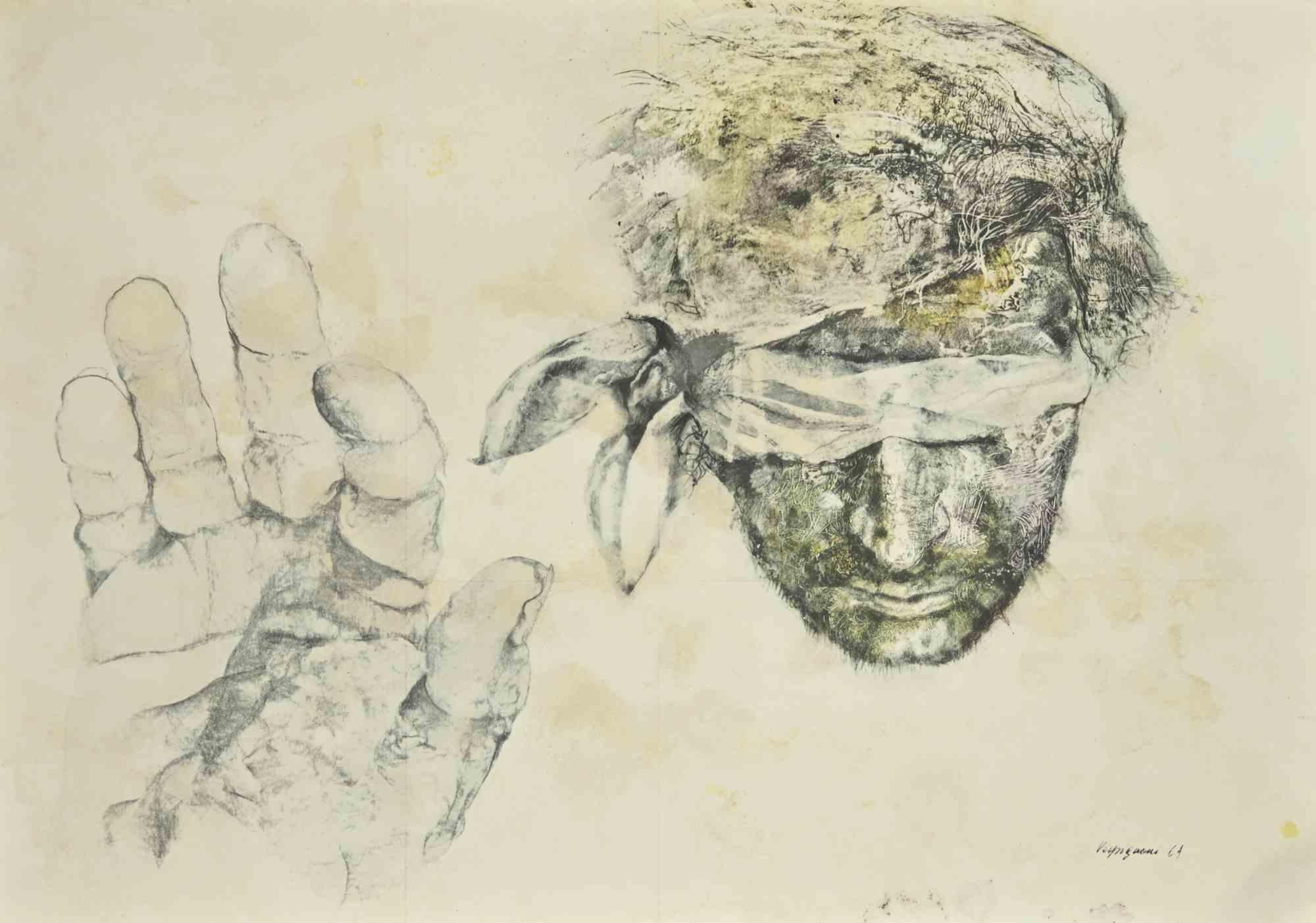 Figure is a phototype print reproducing drawing by Renzo Vespignani of the 1960s

Signed on the plate lower right.

The artwork is depicted through strong strokes and perfect hatchings.