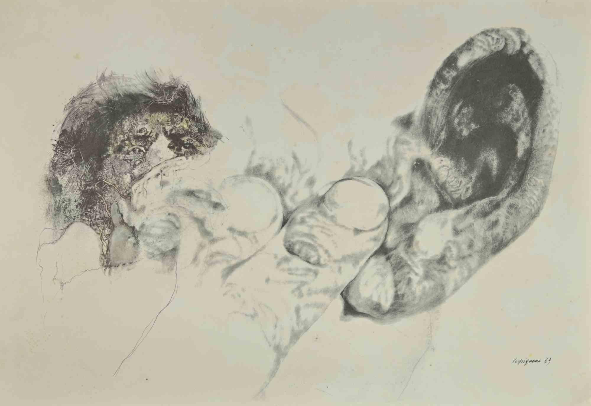 Portrait and Hand is a phototype print reproducing drawing by Renzo Vespignani of the 1960s

Signed on the plate lower right.

The artwork is depicted through strong strokes and perfect hatchings.