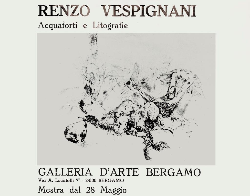 Renzo Vespignani - Exhibition Poster is a vintage poster print realized in occasion of Renzo Vespignani's Exhibition at Galleria D'Arte Bergamo in 1971.

Good conditions except for some foldings.