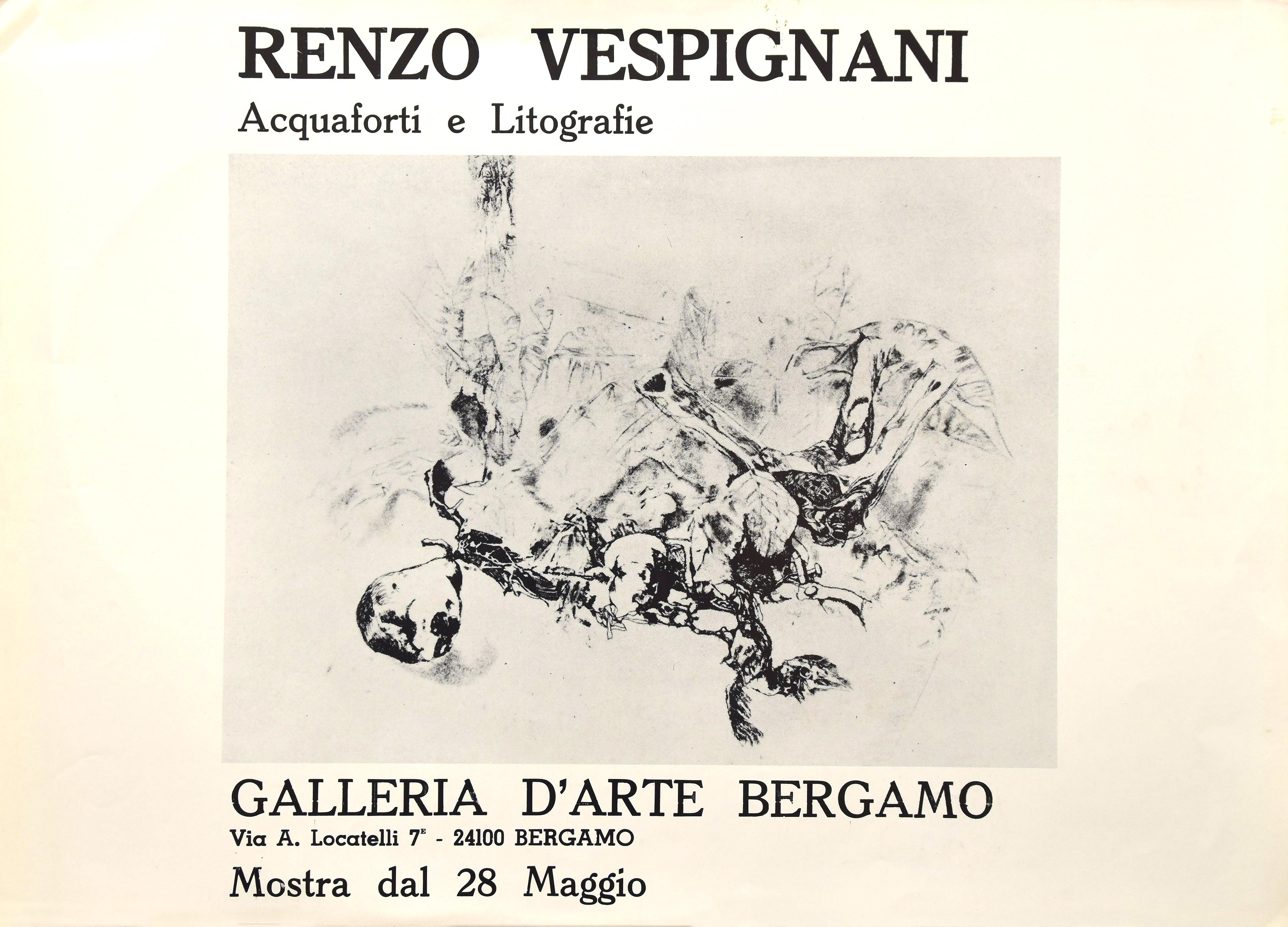 Renzo Vespignani Poster Exhibition is a mixed colored offset print realized in 1971

This print was realized on the occasion of the exhibition dedicated to the artist and held in Galleria d'Arte Bergamo in 1971.

Good conditions except for some