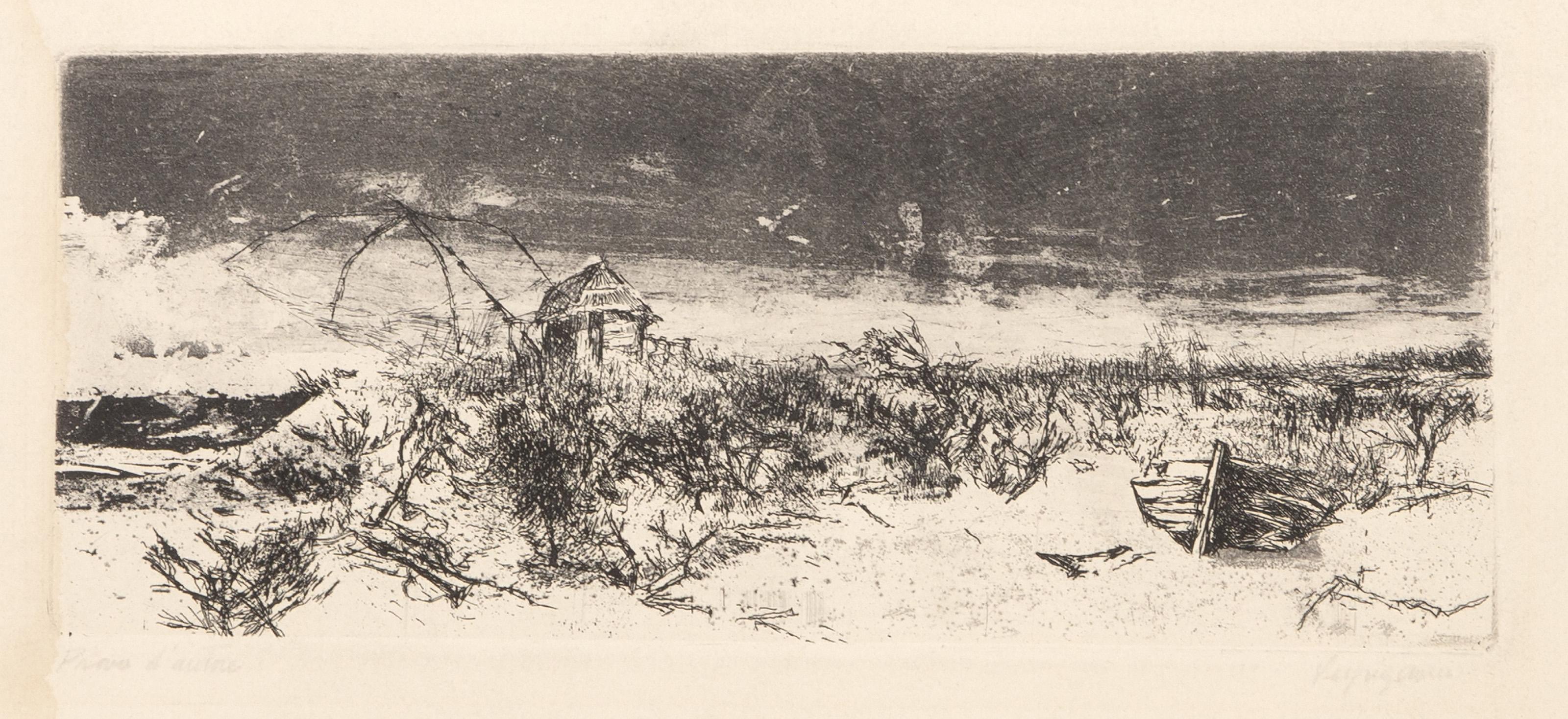 Renzo Vespignani, italiano (1924 - 2001).  Spiaggia di Nettuno, Año: hacia 1970, Técnica: Aguafuerte, firmado y numerado a lápiz, Edición: AP, Tamaño de la imagen: 4,5 x 10,75 pulgadas, Tamaño: 13,75 x 19,5 pulgadas (34,93 x 49,53 cm) 