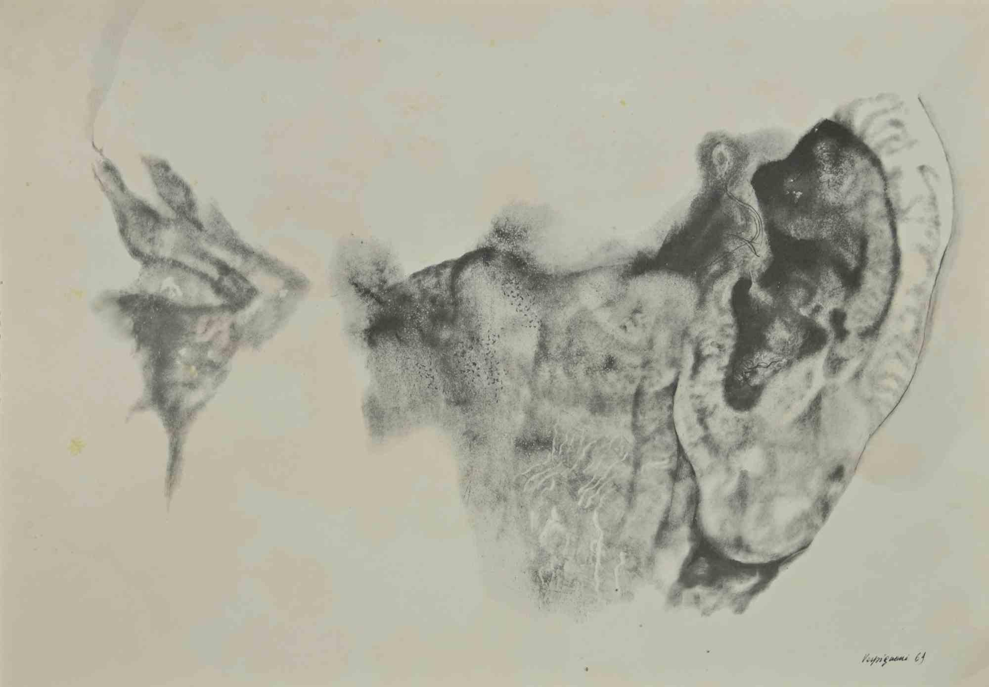 The Ears is a phototype print reproducing drawing by Renzo Vespignani of the 1960s

Signed on the plate lower right.

The artwork is depicted through strong strokes and perfect hatchings.