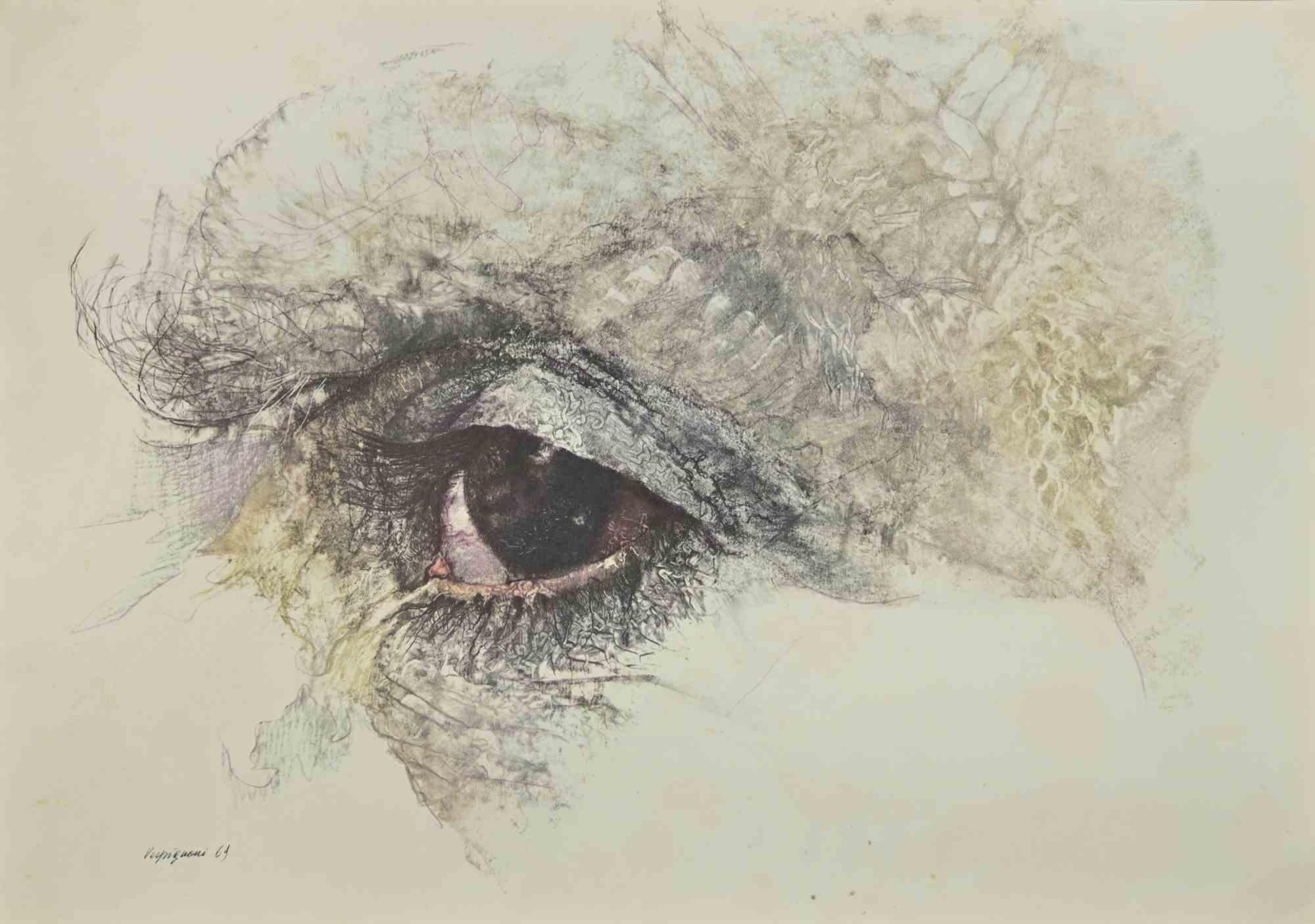 The Eyes is a phototype print reproducing drawing by Renzo Vespignani of the 1960s

Signed on the plate lower right.

The artwork is depicted through strong strokes and perfect hatchings.