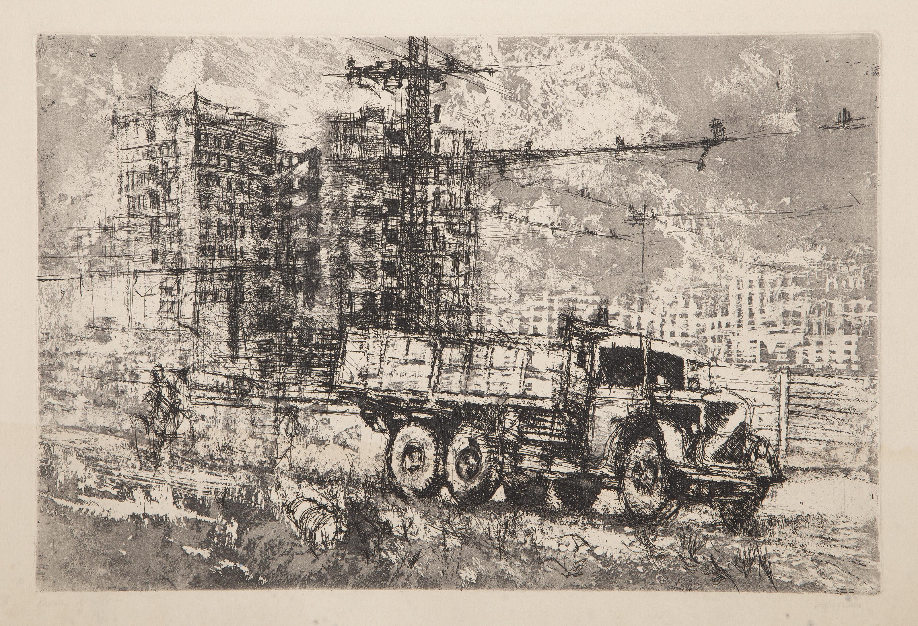 Renzo Vespignani, Italiano (1924 - 2001) - Camión en las afueras, Año: 1956, Medio: Aguafuerte, firmado y numerado a lápiz, Tamaño de la imagen: 10,5 x 15,75 pulgadas, Tamaño: 14 x 19,5 pulgadas (35,56 x 49,53 cm)