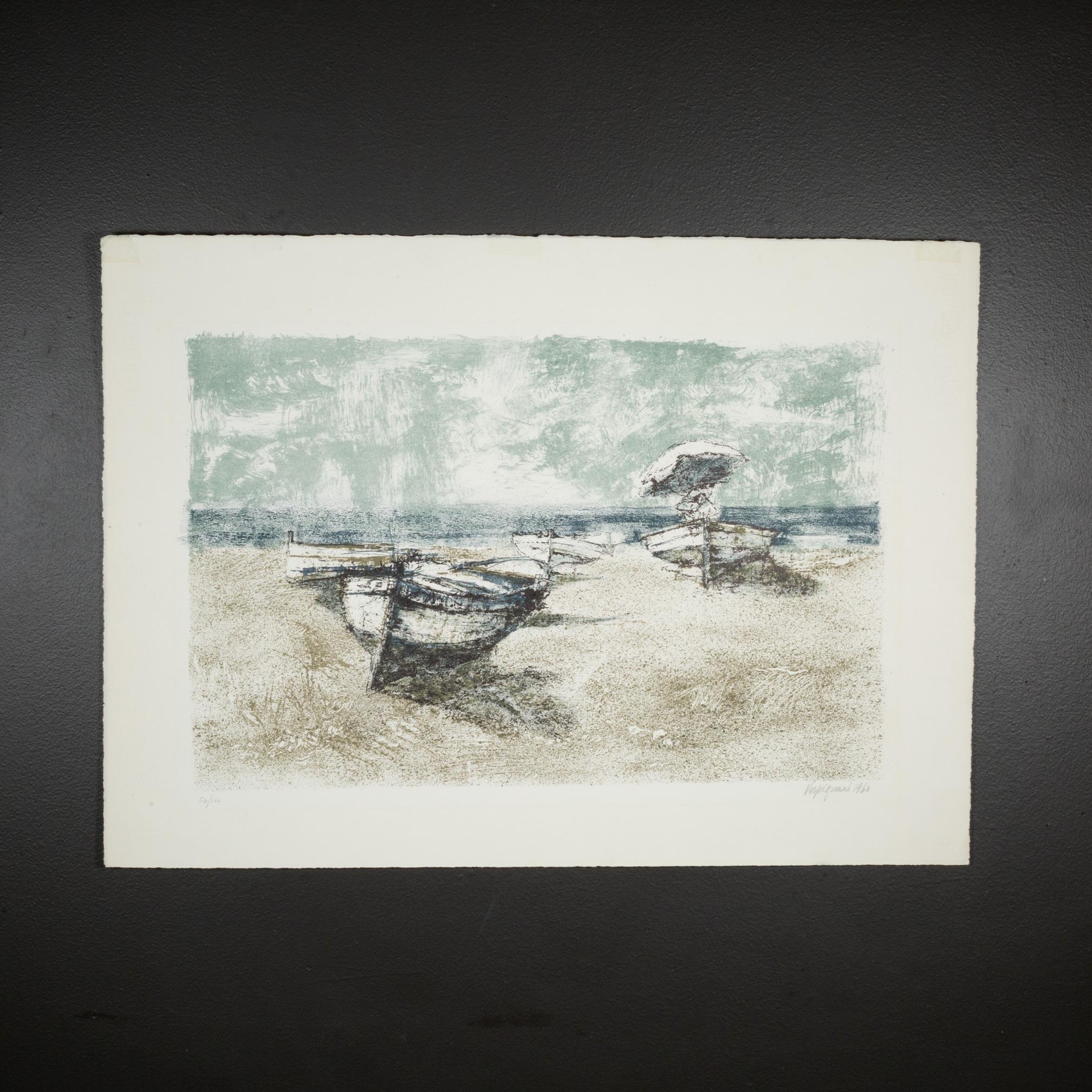 Renzo Vespignani, Barche a vela sulla spiaggia, litografia in edizione limitata, firmata 1960