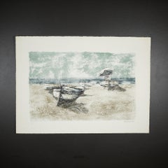 Renzo Vespignani, Barche a vela sulla spiaggia, litografia in edizione limitata, firmata 1960