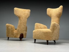 Renzo Zavanella, Honey Sheepskin, Wood, Rare Lounge Chairs, Italy, 1950s