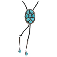 REPAIR: Vintage EYM Signed Zuni Sterling Silver and Turquoise Cluster Bolo Tie