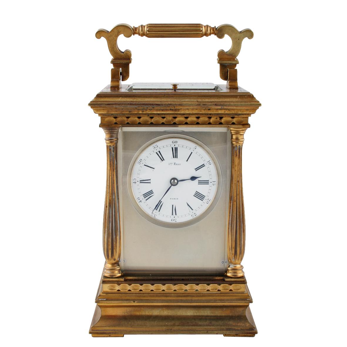 A 19th century French gilded brass carriage clock.

The clock has an eight day striking movement, a gilded case that has five bevelled glass panel sides and the dial is signed 'Henry Marc Paris'.

The rear door opens to adjust and wind the