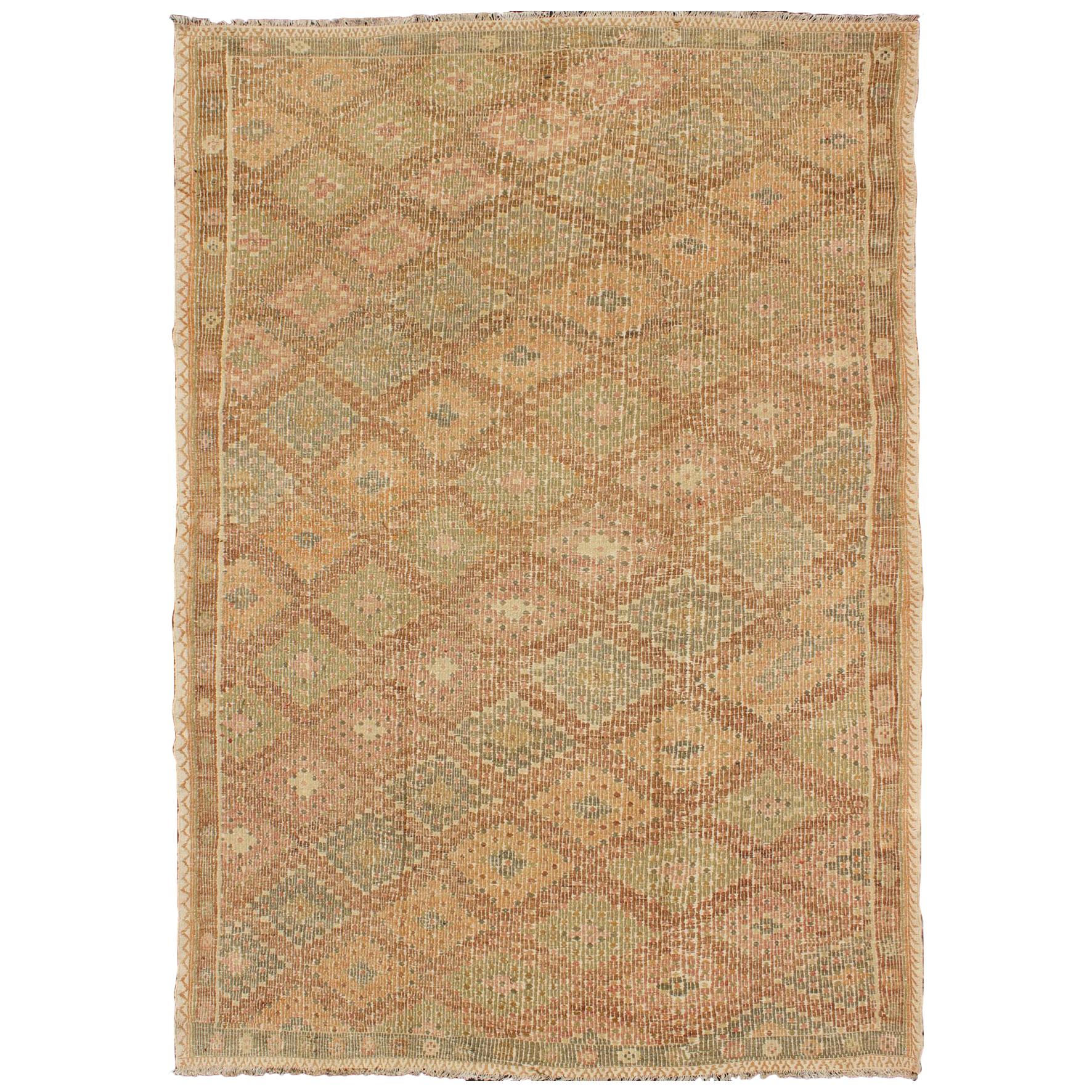 Embroidered Flatweave Kilim Rug From Turkey in Repeating Diamond Design